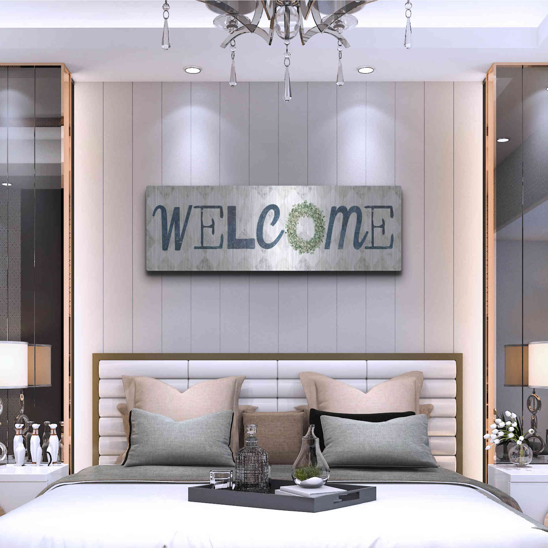 Luxe Metal Art 'Welcome with Eucalyptus Wreath I' by Marla Rae, Metal Wall Art,48x16