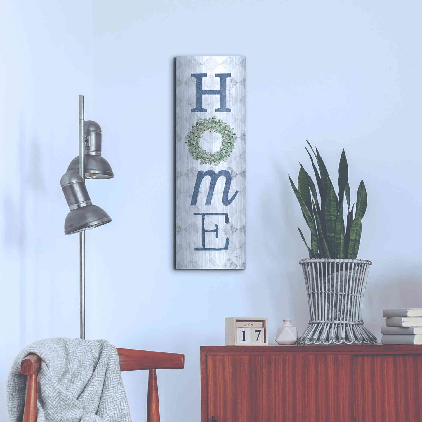 Luxe Metal Art 'Home with Eucalyptus Wreath II' by Marla Rae, Metal Wall Art,12x36