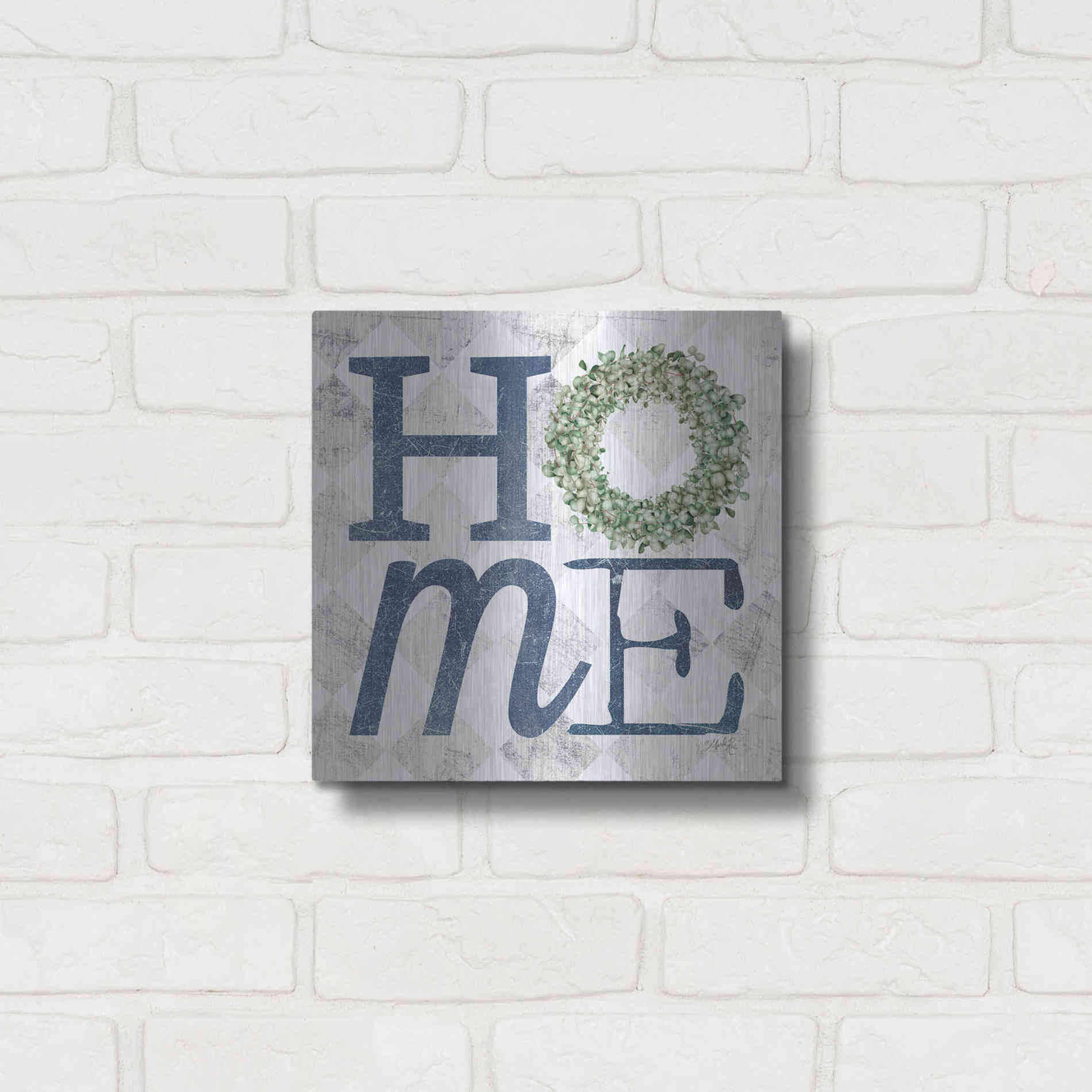 Luxe Metal Art 'Home with Eucalyptus Wreath III' by Marla Rae, Metal Wall Art,12x12