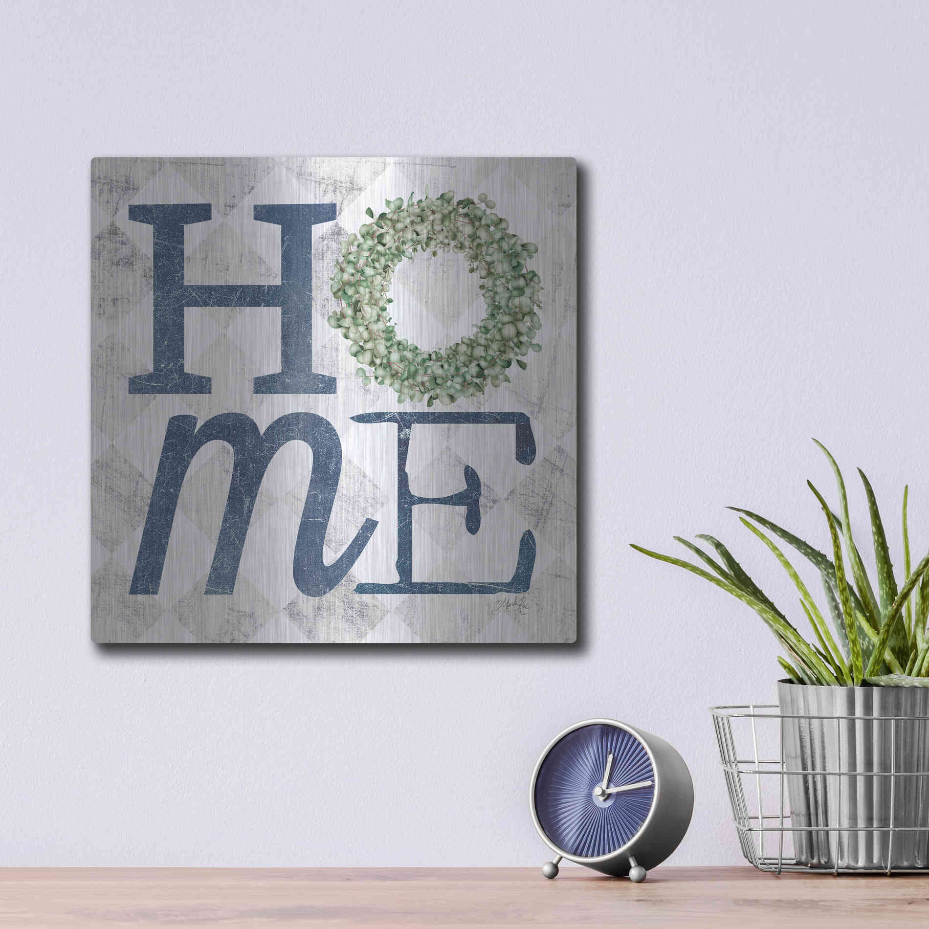 Luxe Metal Art 'Home with Eucalyptus Wreath III' by Marla Rae, Metal Wall Art,12x12