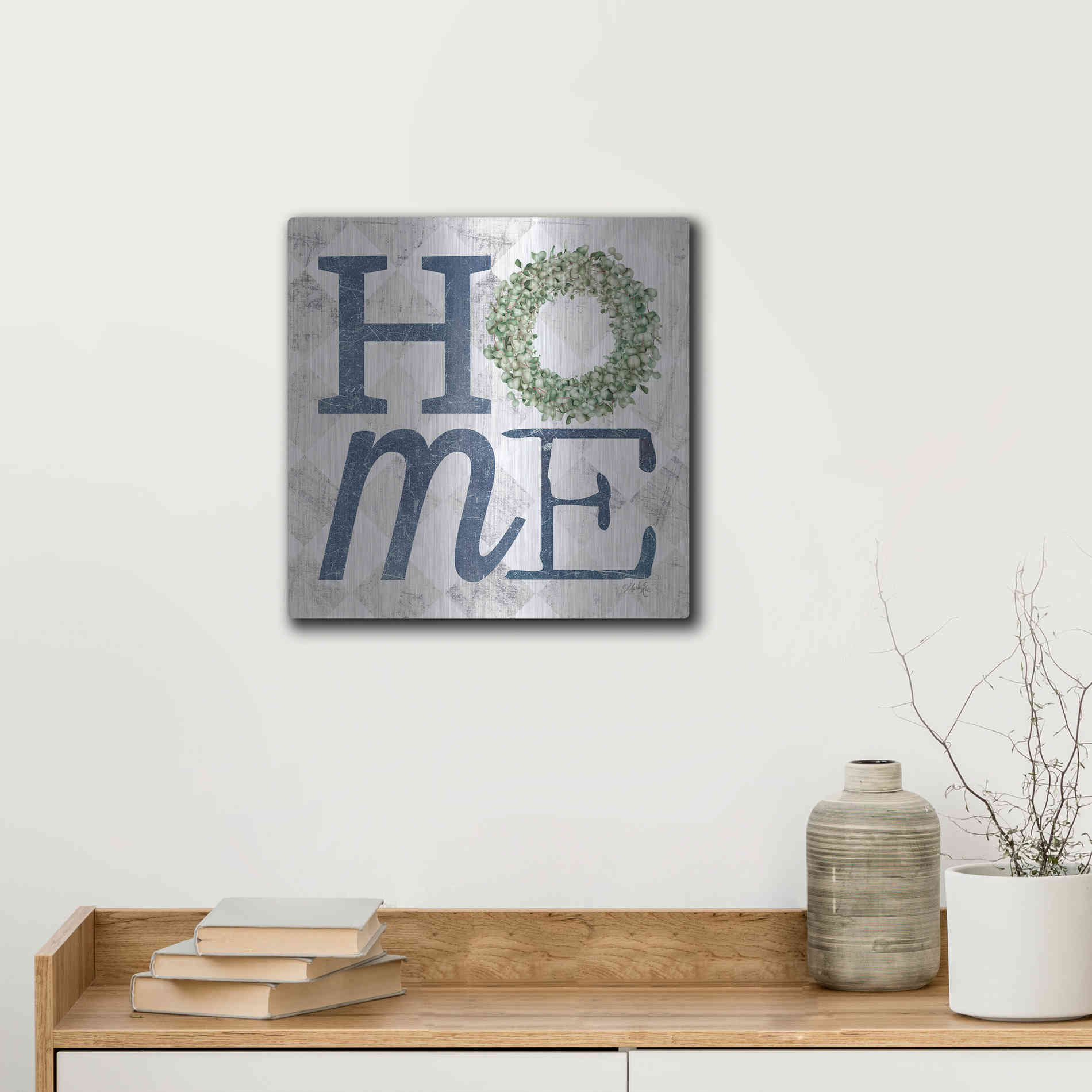 Luxe Metal Art 'Home with Eucalyptus Wreath III' by Marla Rae, Metal Wall Art,12x12