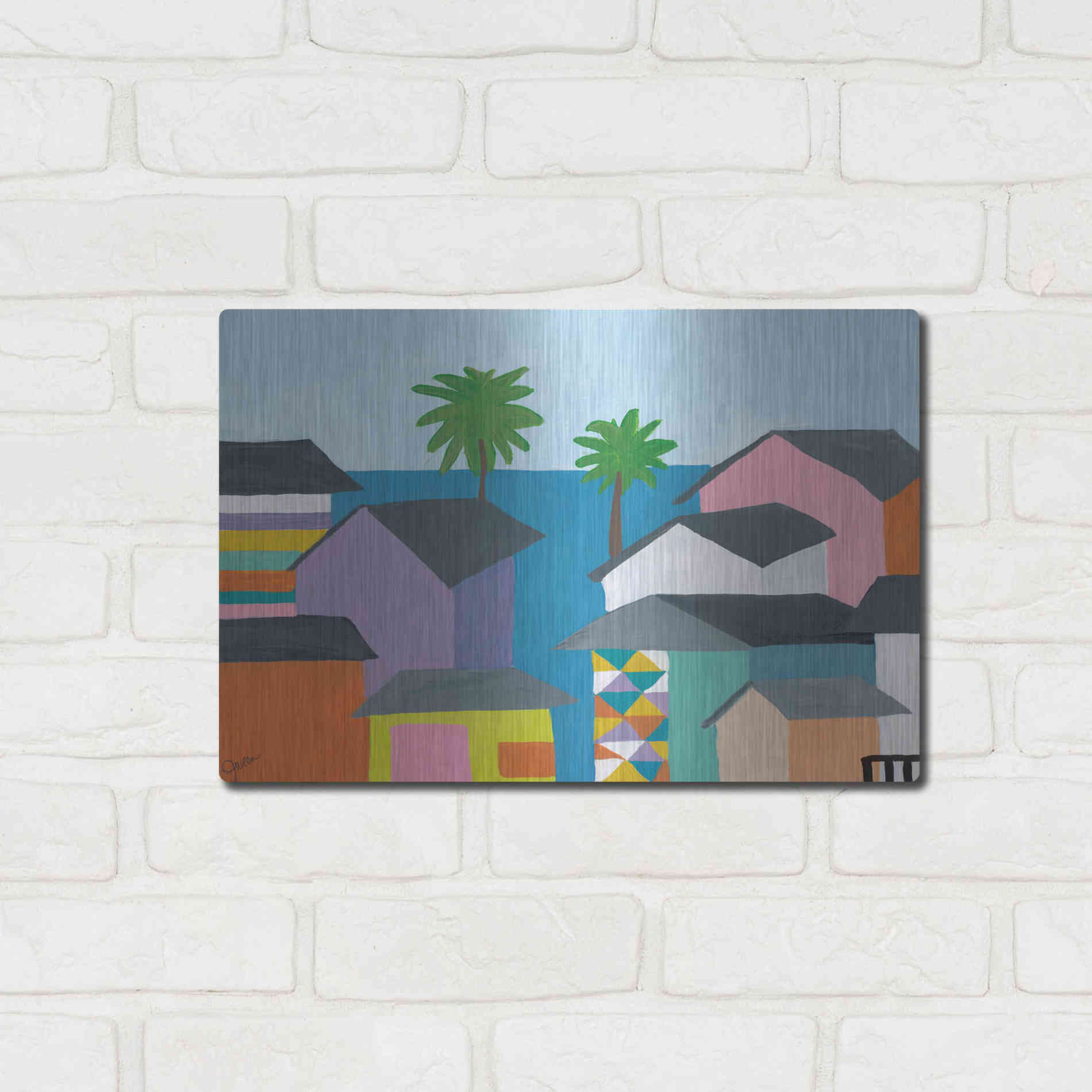 Luxe Metal Art 'Beachfront Property 2' by Jan Weiss, Metal Wall Art,16x12