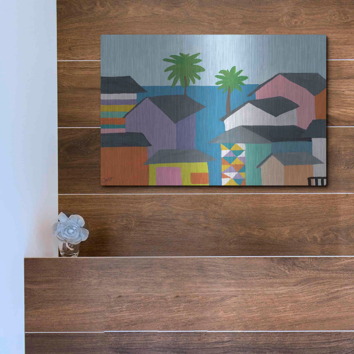 Luxe Metal Art 'Beachfront Property 2' by Jan Weiss, Metal Wall Art,16x12