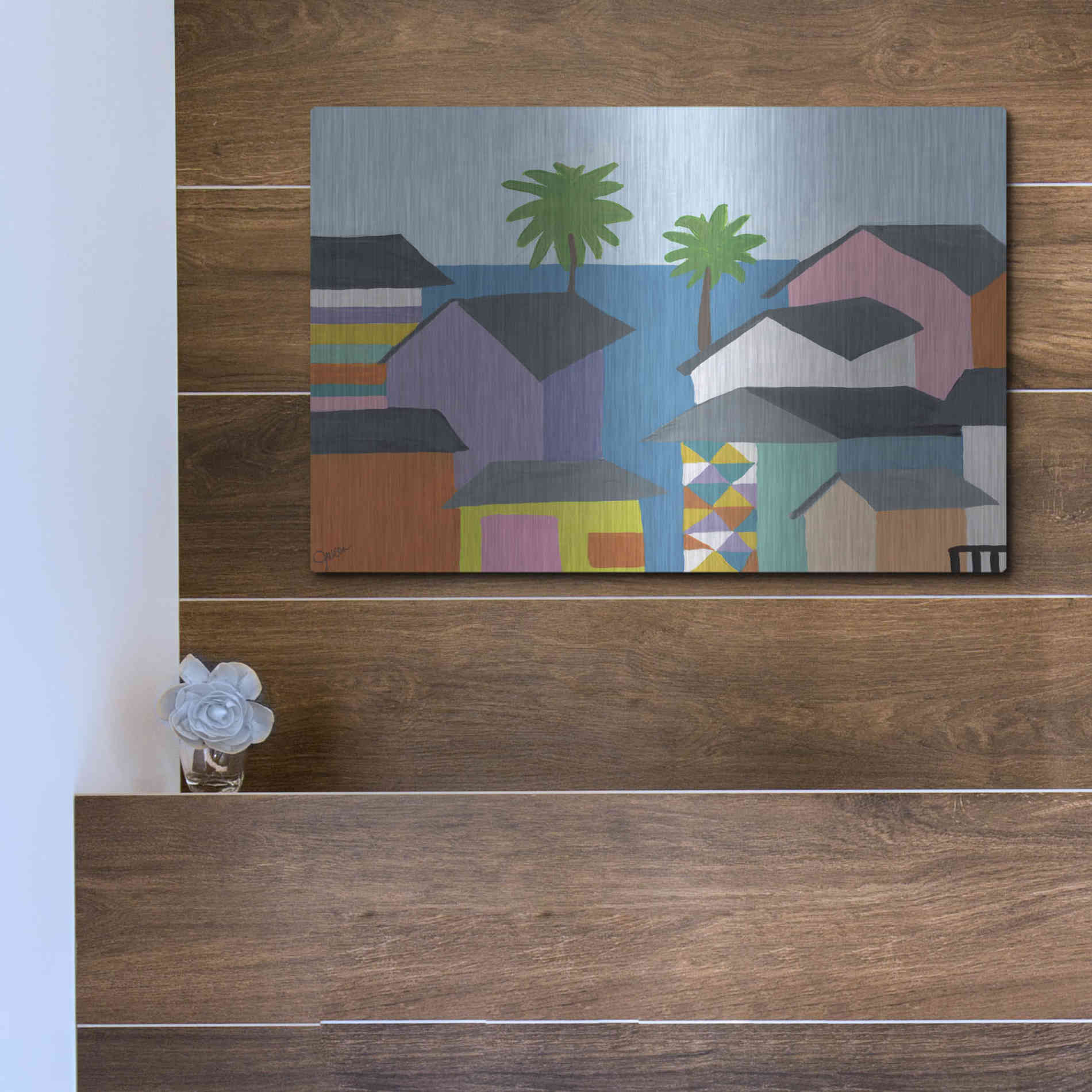 Luxe Metal Art 'Beachfront Property 2' by Jan Weiss, Metal Wall Art,16x12