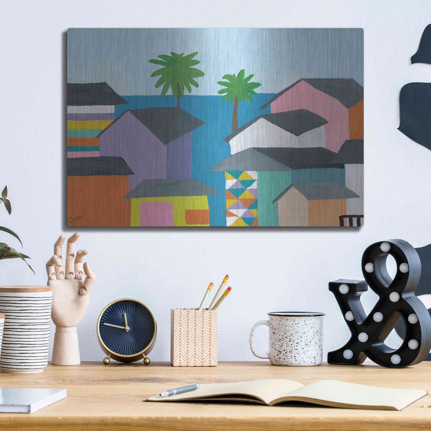 Luxe Metal Art 'Beachfront Property 2' by Jan Weiss, Metal Wall Art,16x12