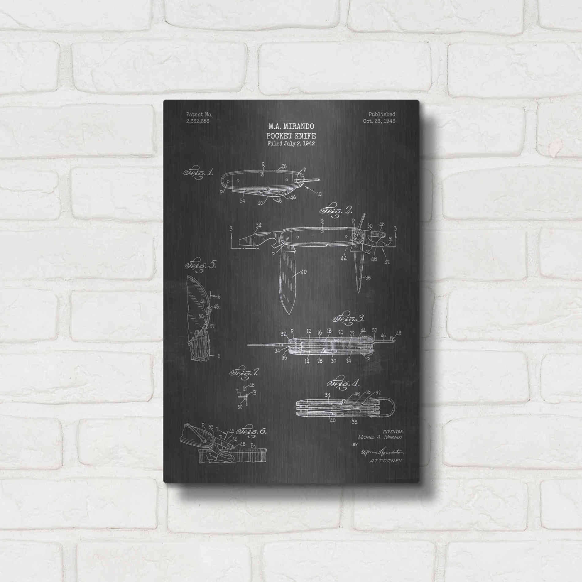Luxe Metal Art 'Pocket Knife Blueprint Patent Chalkboard' Metal Wall Art,12x16