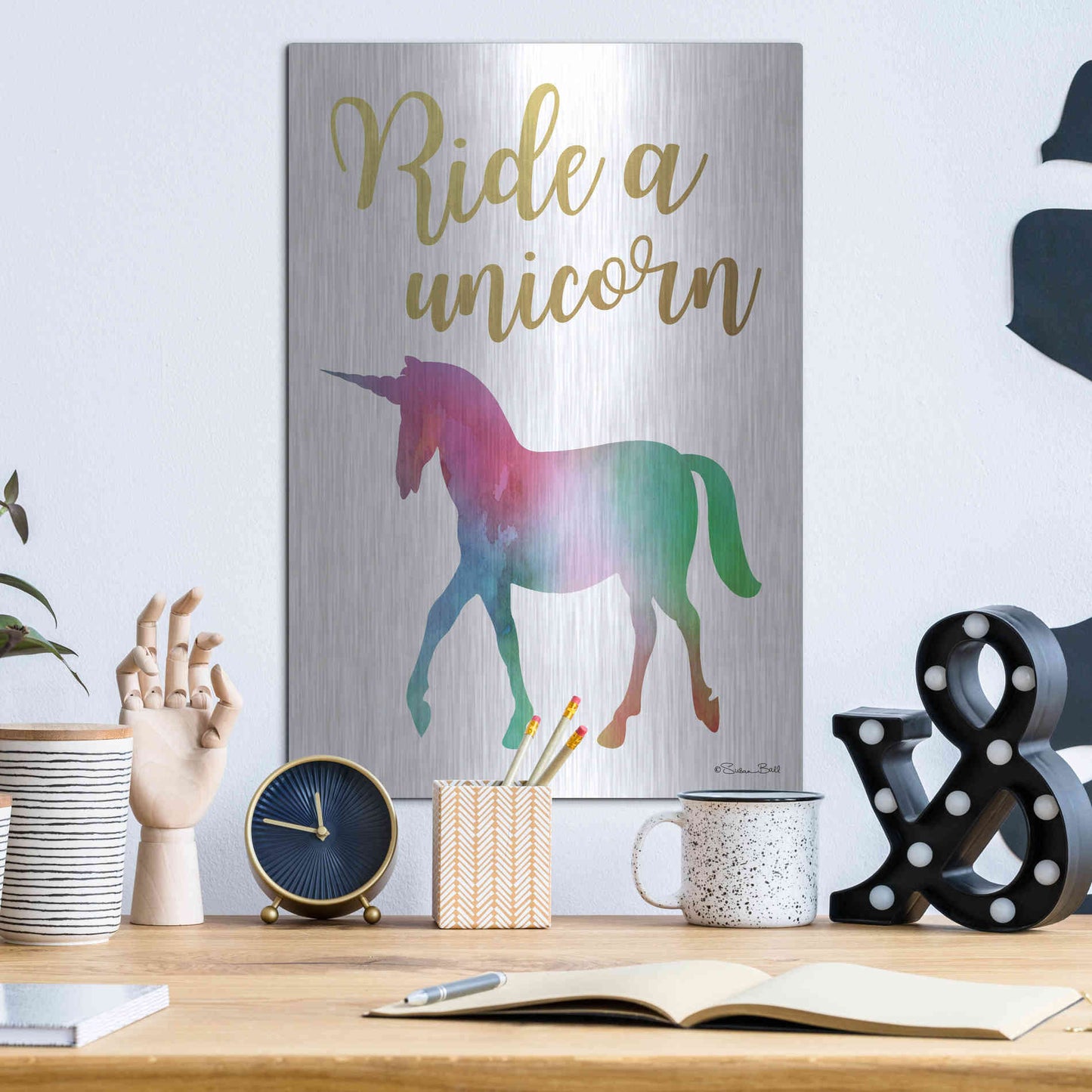 Luxe Metal Art 'Ride a Unicorn' by Susan Ball, Metal Wall Art,12x16