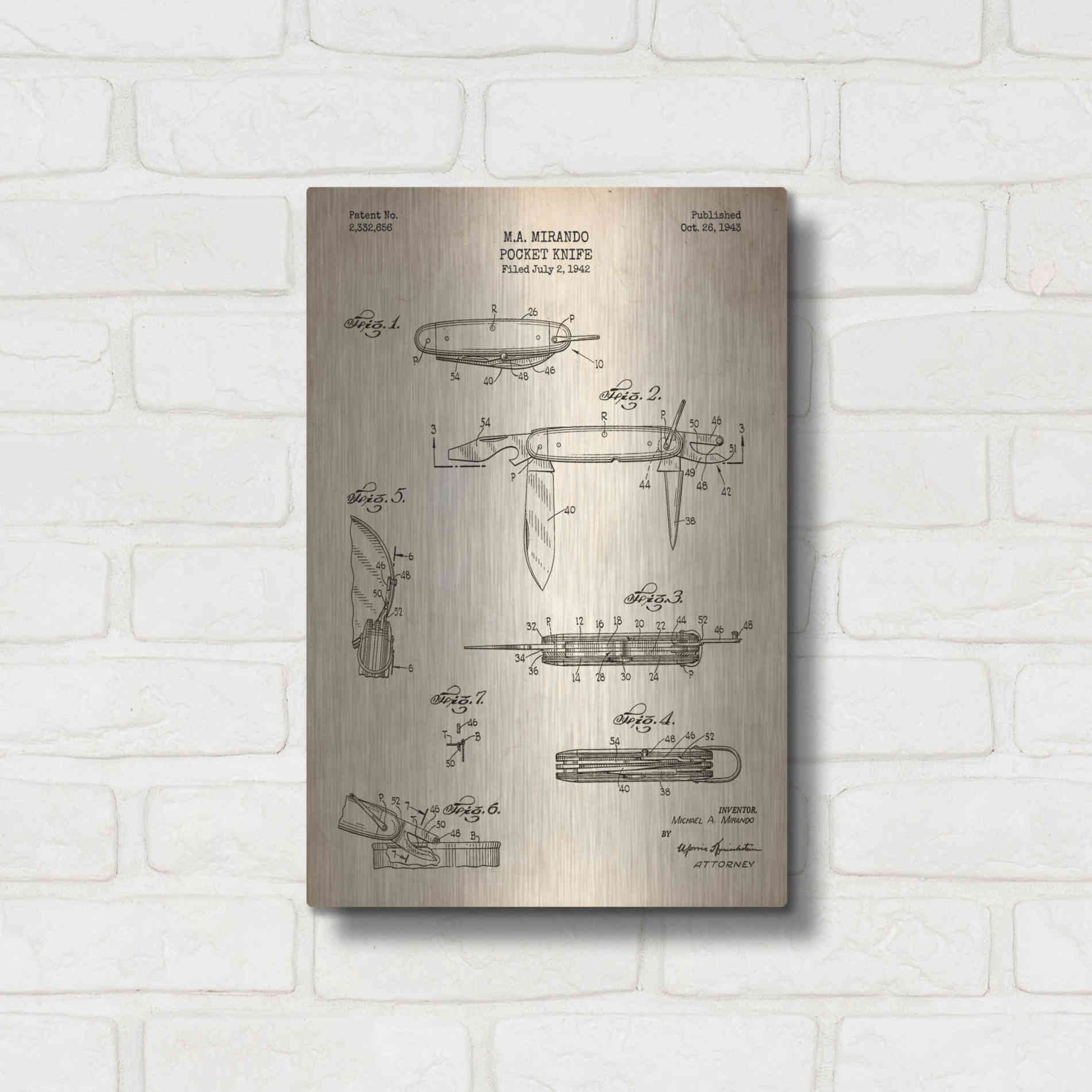 Luxe Metal Art 'Pocket Knife Blueprint Patent Parchment' Metal Wall Art,12x16