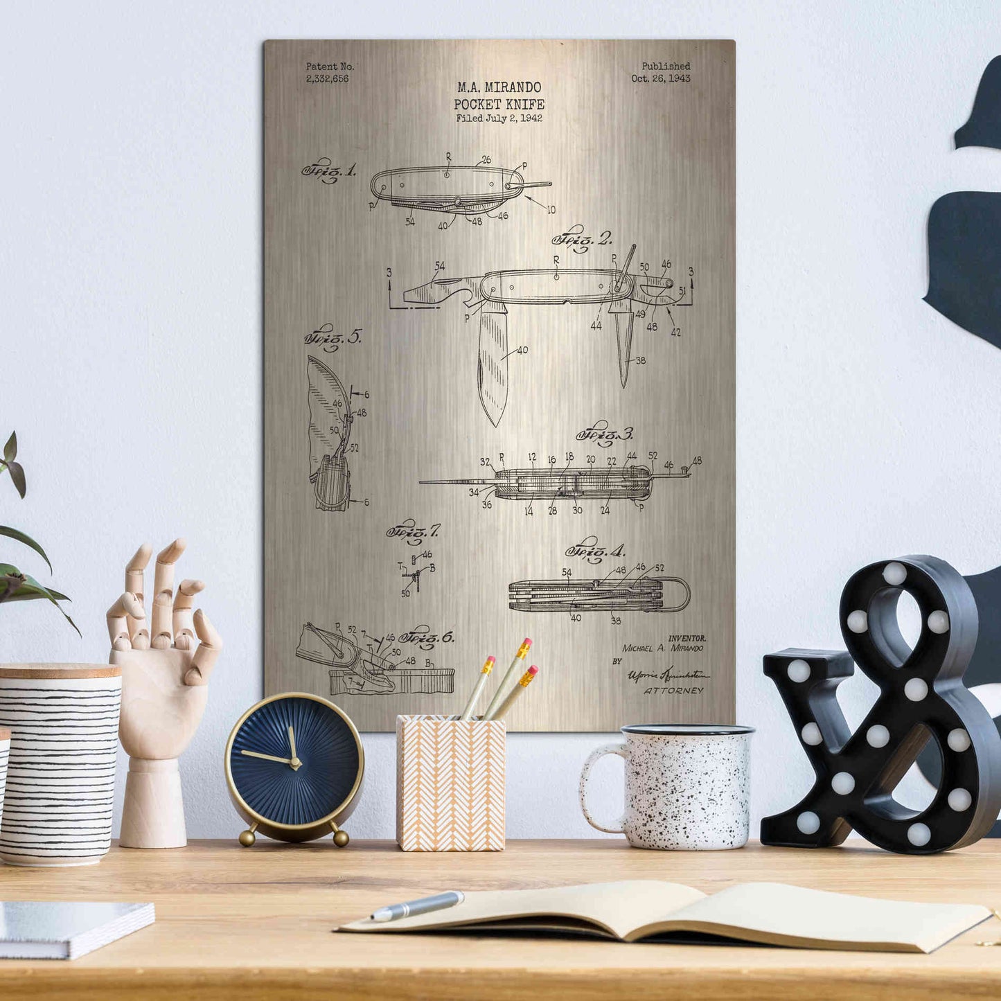 Luxe Metal Art 'Pocket Knife Blueprint Patent Parchment' Metal Wall Art,12x16