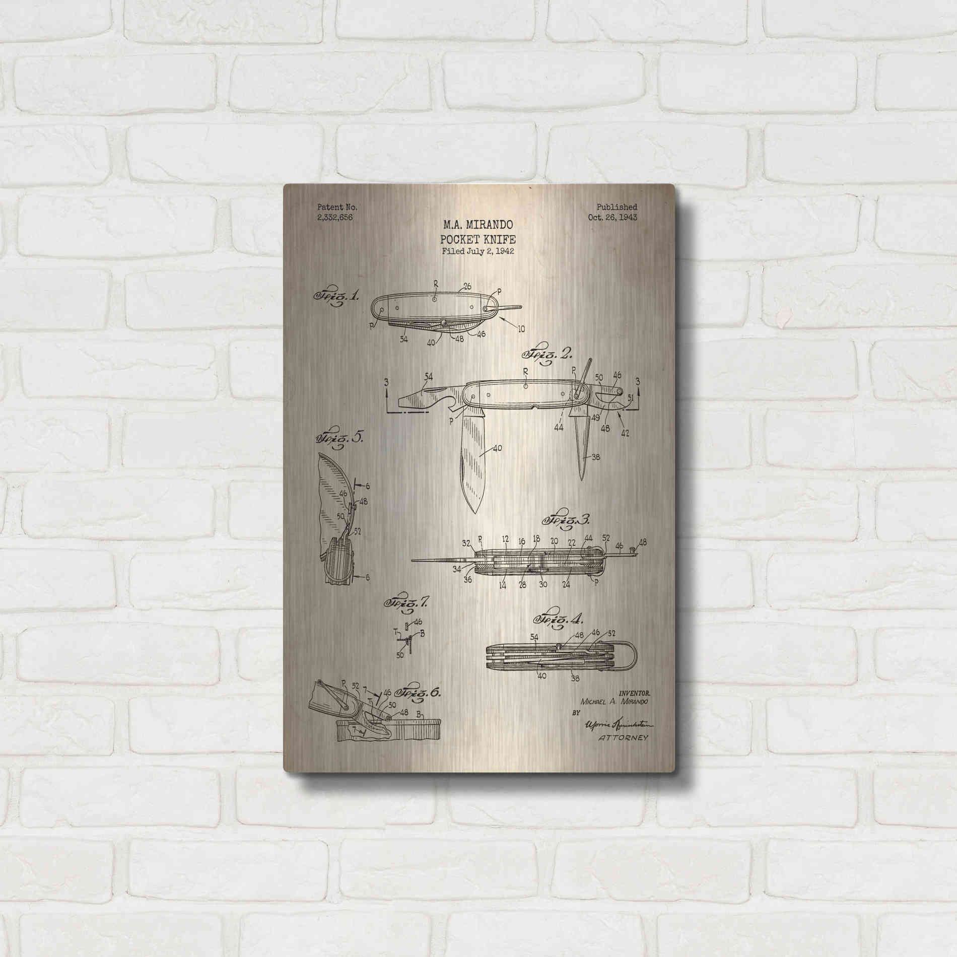 Luxe Metal Art 'Pocket Knife Blueprint Patent Parchment' Metal Wall Art,16x24
