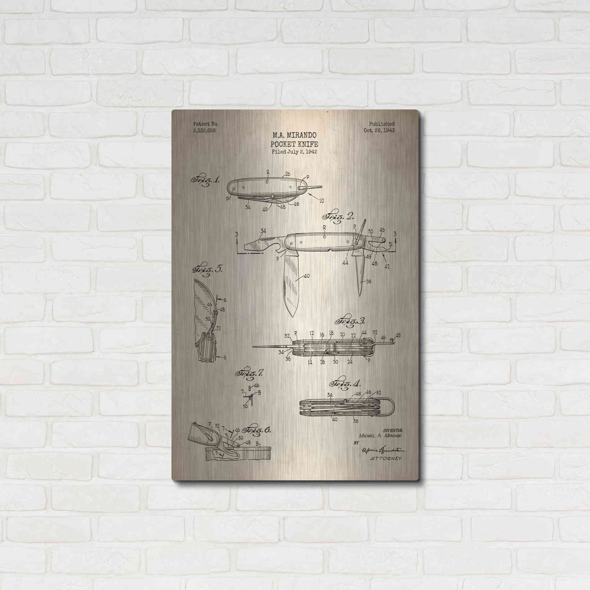 Luxe Metal Art 'Pocket Knife Blueprint Patent Parchment' Metal Wall Art,24x36