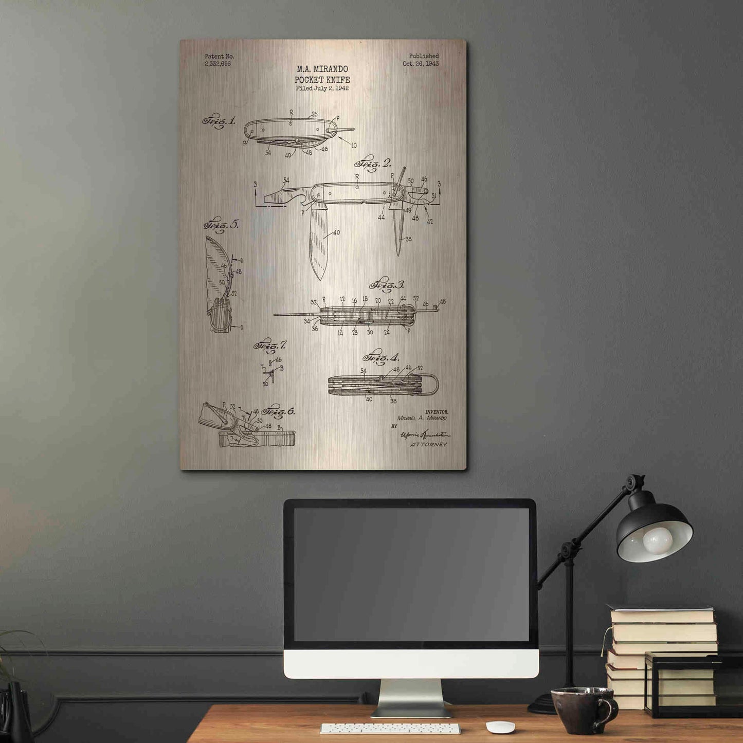 Luxe Metal Art 'Pocket Knife Blueprint Patent Parchment' Metal Wall Art,24x36