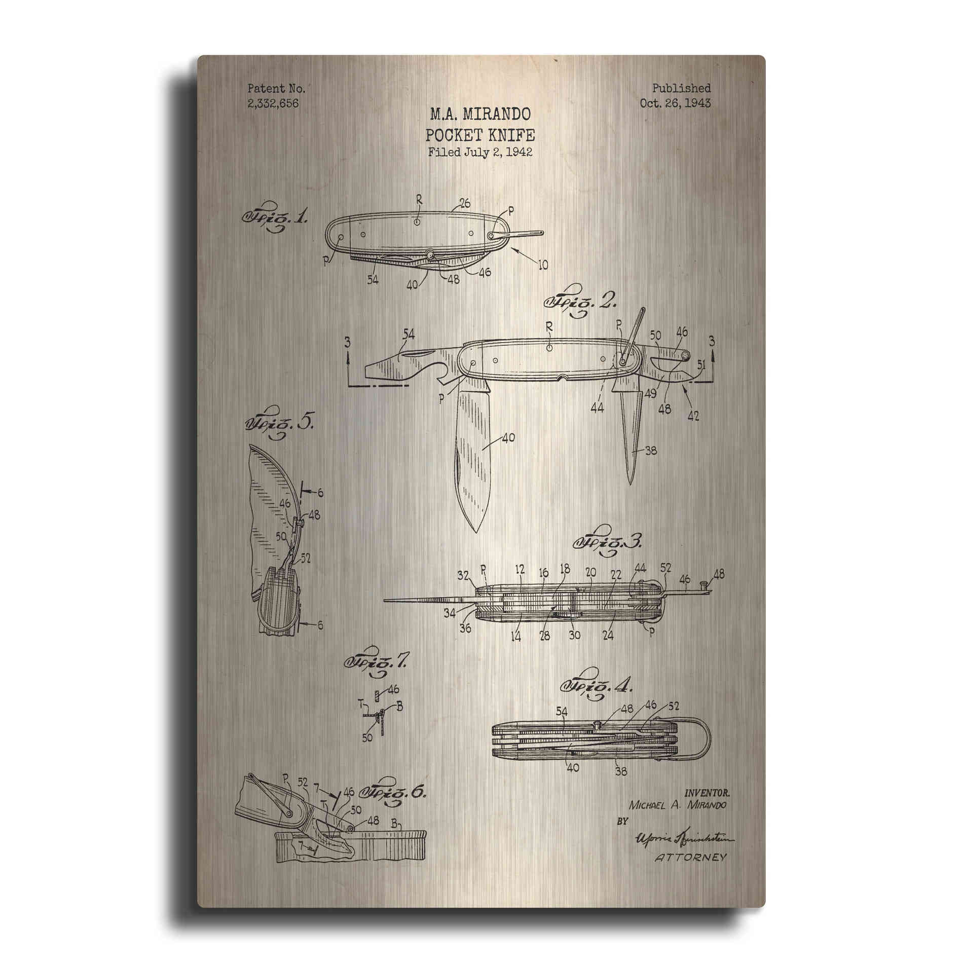 Luxe Metal Art 'Pocket Knife Blueprint Patent Parchment' Metal Wall Art