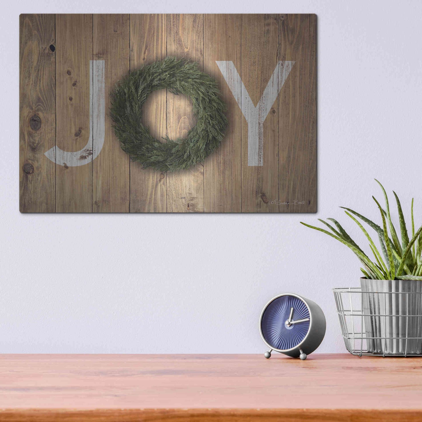 Luxe Metal Art 'Joy Cedar Wreath' by Susan Ball, Metal Wall Art,16x12