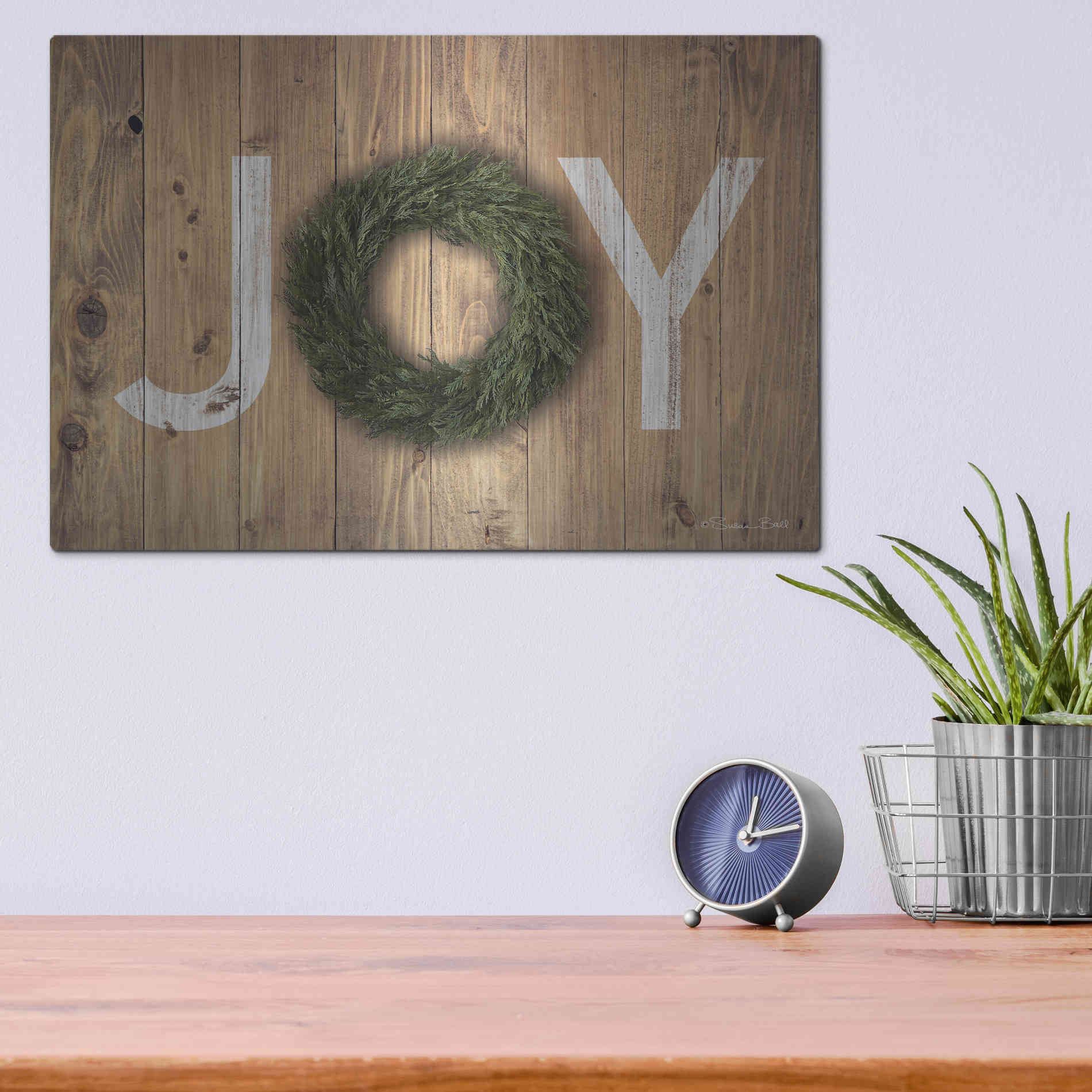 Luxe Metal Art 'Joy Cedar Wreath' by Susan Ball, Metal Wall Art,16x12