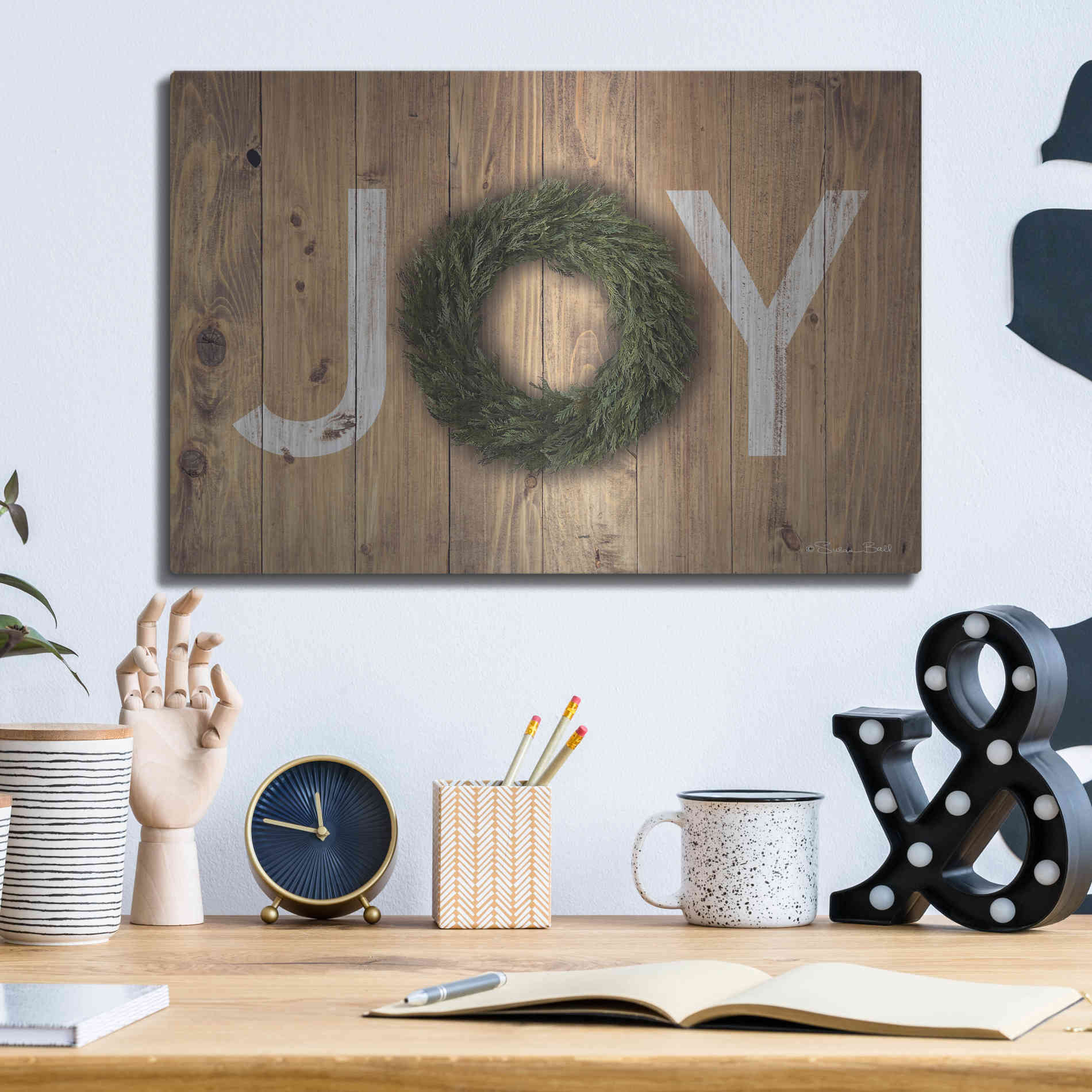 Luxe Metal Art 'Joy Cedar Wreath' by Susan Ball, Metal Wall Art,16x12