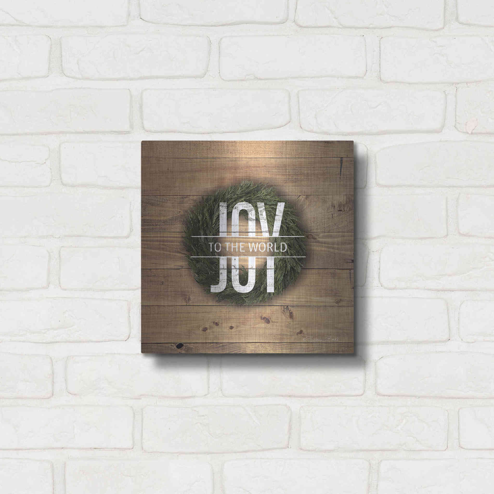 Luxe Metal Art 'Joy to the World with Wreath' by Susan Ball, Metal Wall Art,12x12