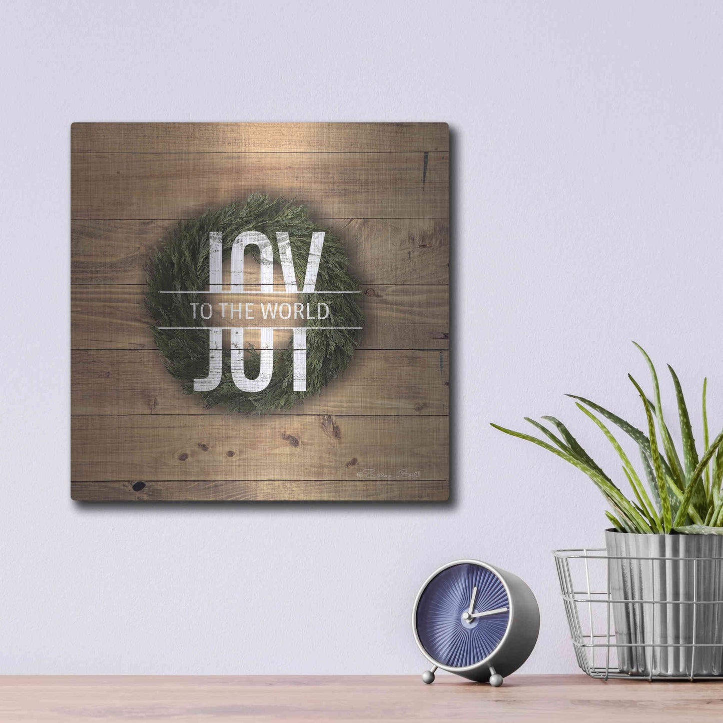 Luxe Metal Art 'Joy to the World with Wreath' by Susan Ball, Metal Wall Art,12x12