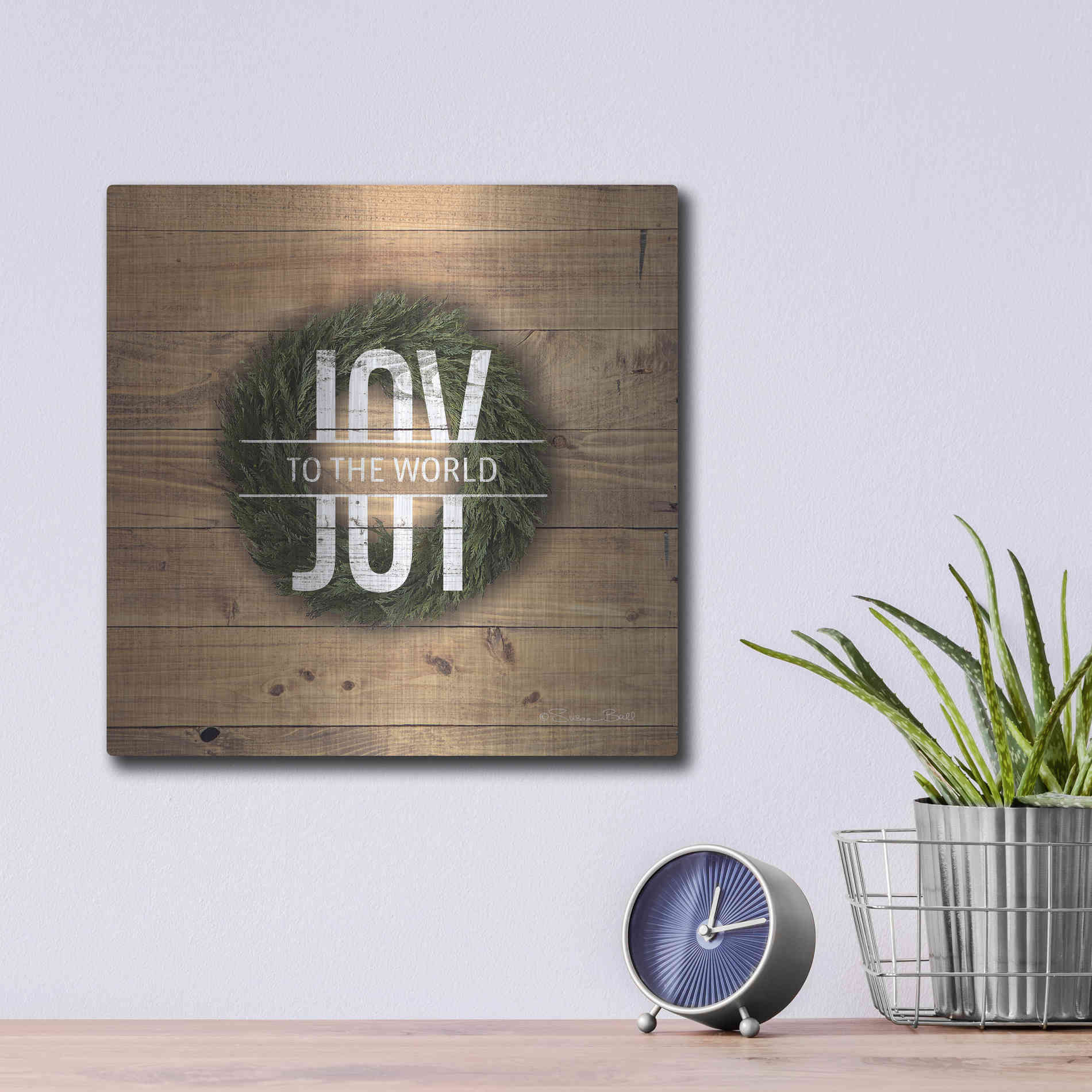 Luxe Metal Art 'Joy to the World with Wreath' by Susan Ball, Metal Wall Art,12x12