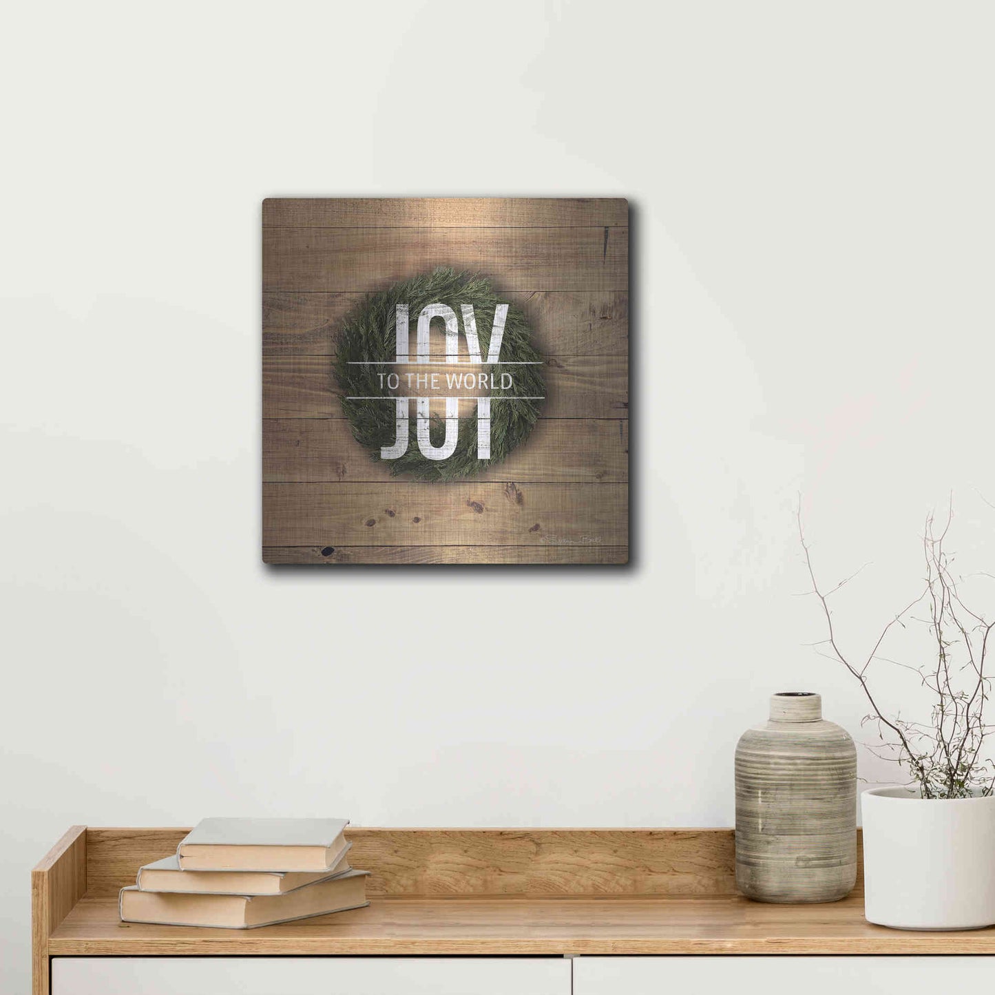 Luxe Metal Art 'Joy to the World with Wreath' by Susan Ball, Metal Wall Art,12x12