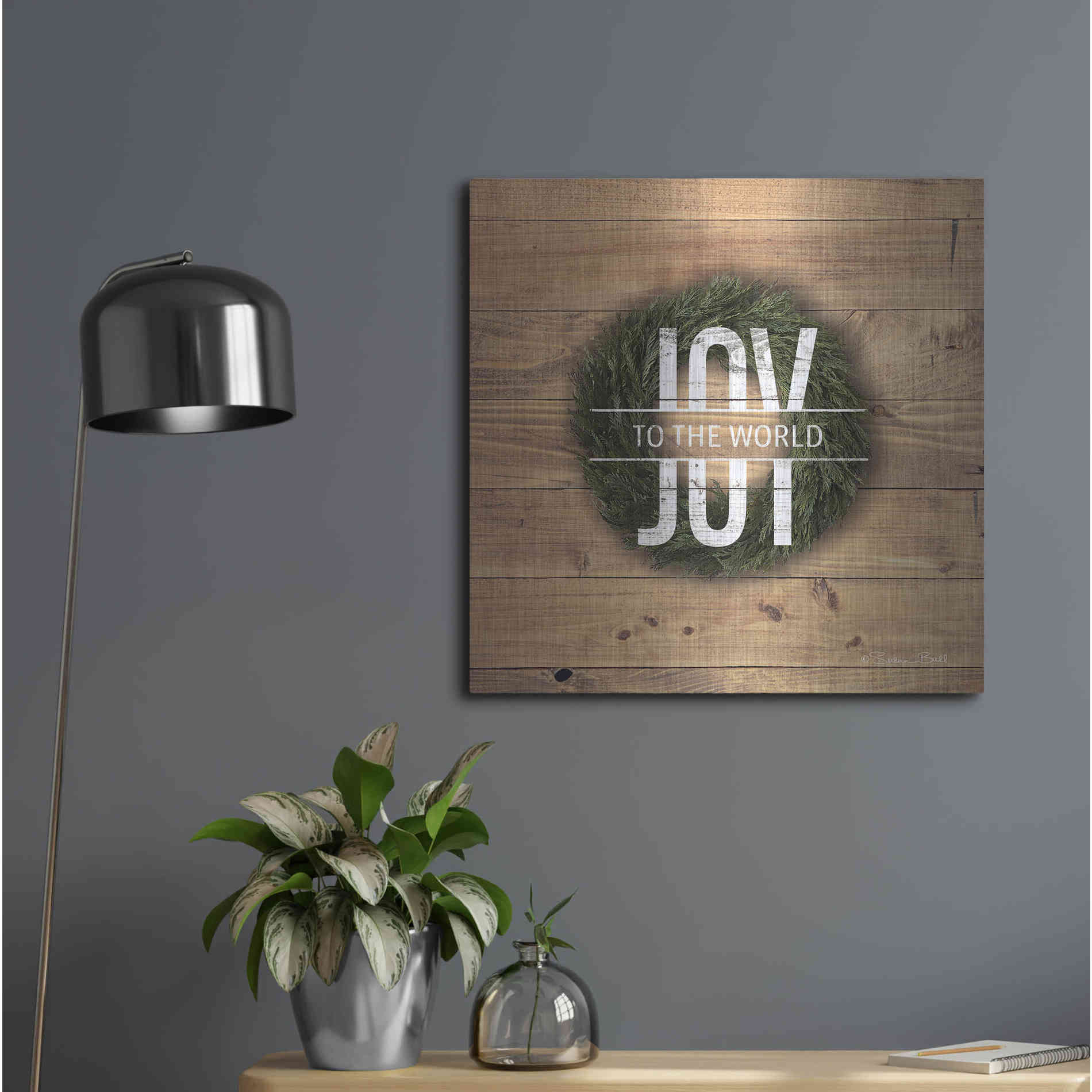 Luxe Metal Art 'Joy to the World with Wreath' by Susan Ball, Metal Wall Art,24x24