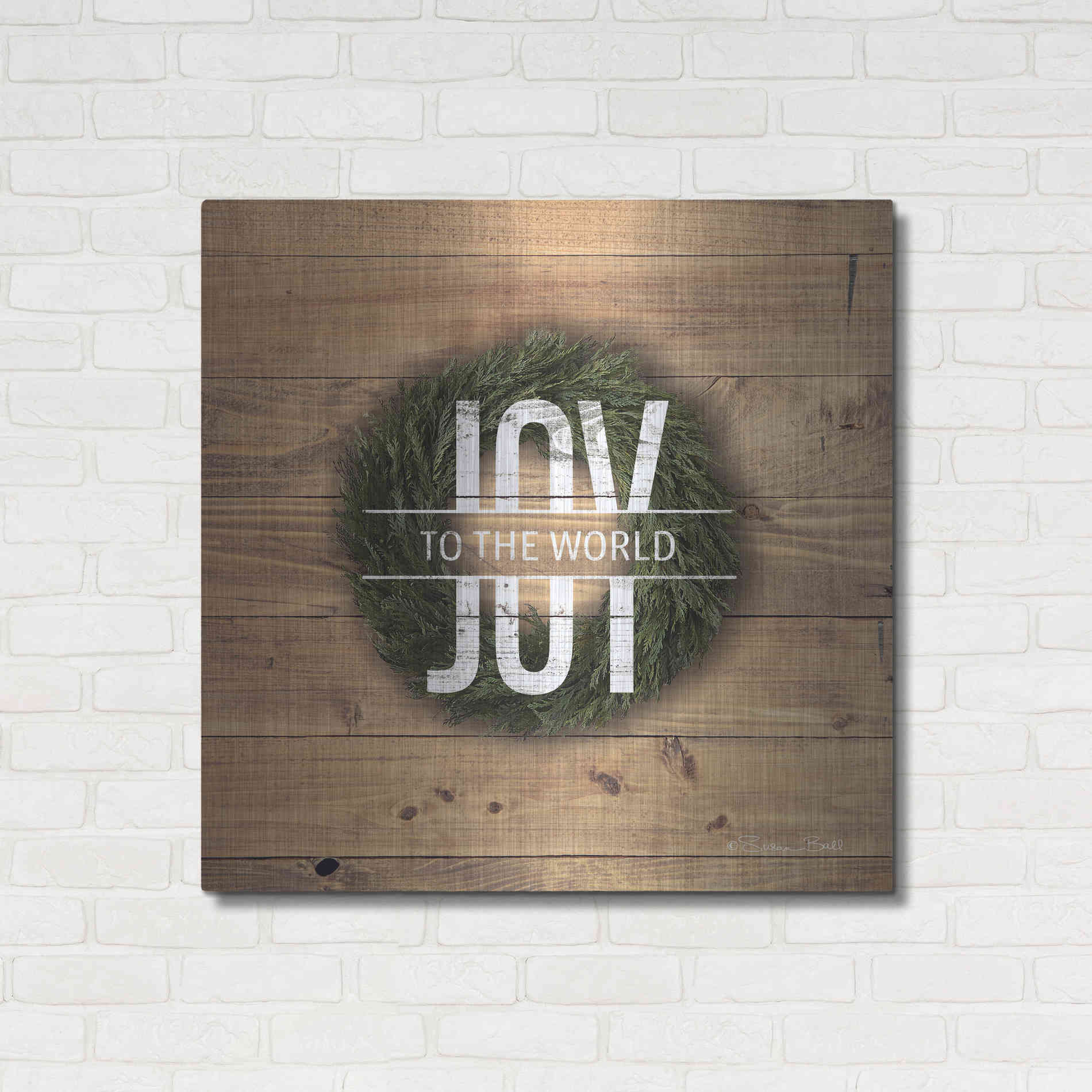 Luxe Metal Art 'Joy to the World with Wreath' by Susan Ball, Metal Wall Art,36x36