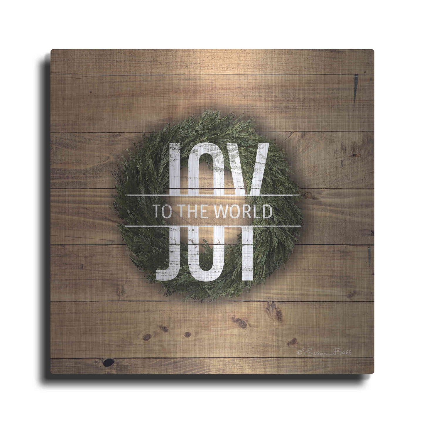Luxe Metal Art 'Joy to the World with Wreath' by Susan Ball, Metal Wall Art