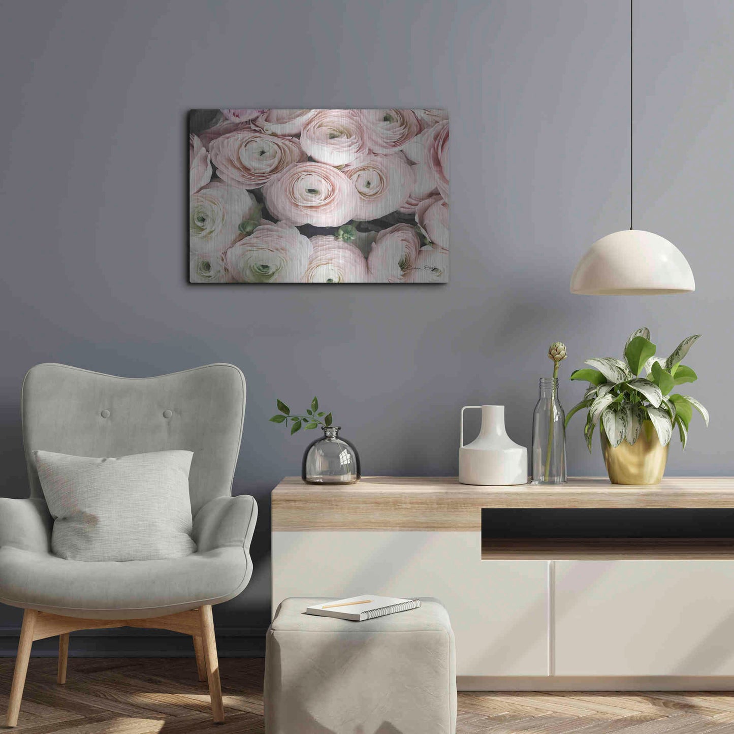 Luxe Metal Art 'Soft Pink Ranunculus' by Susan Ball, Metal Wall Art,24x16