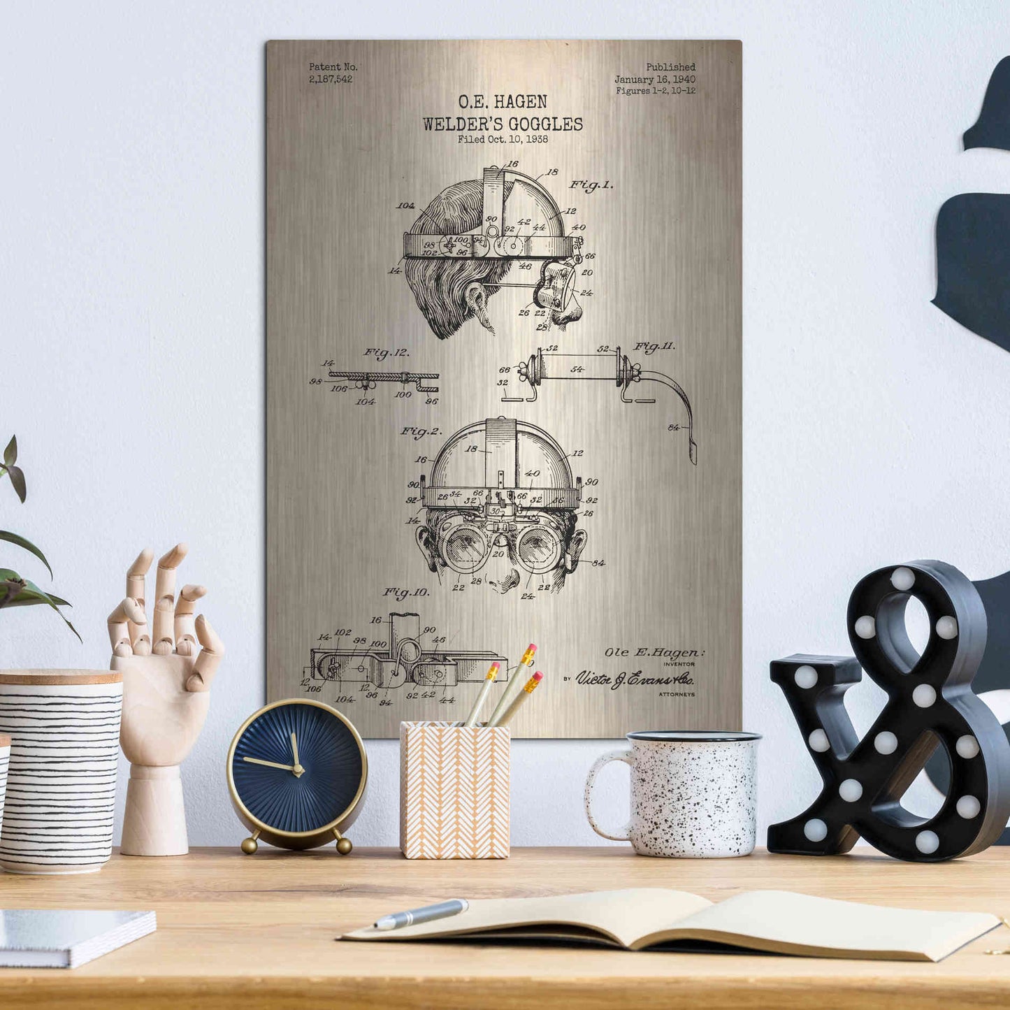 Luxe Metal Art 'Welding Goggles Blueprint Patent Parchment' Metal Wall Art,12x16