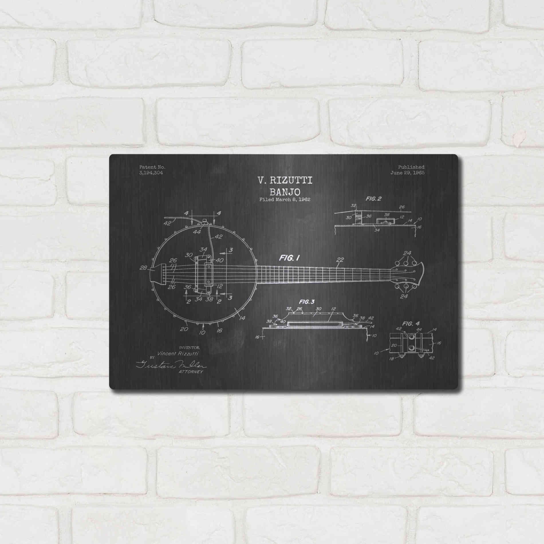 Luxe Metal Art 'Banjo Blueprint Patent Chalkboard' Metal Wall Art,16x12