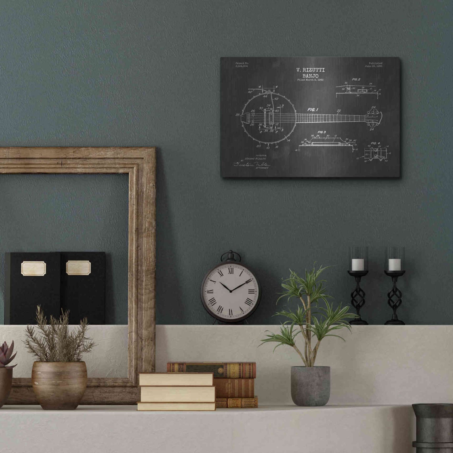 Luxe Metal Art 'Banjo Blueprint Patent Chalkboard' Metal Wall Art,16x12