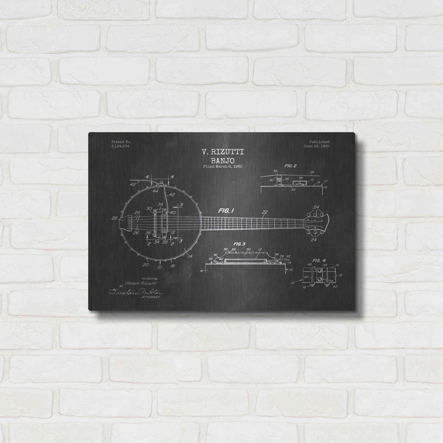Luxe Metal Art 'Banjo Blueprint Patent Chalkboard' Metal Wall Art,24x16