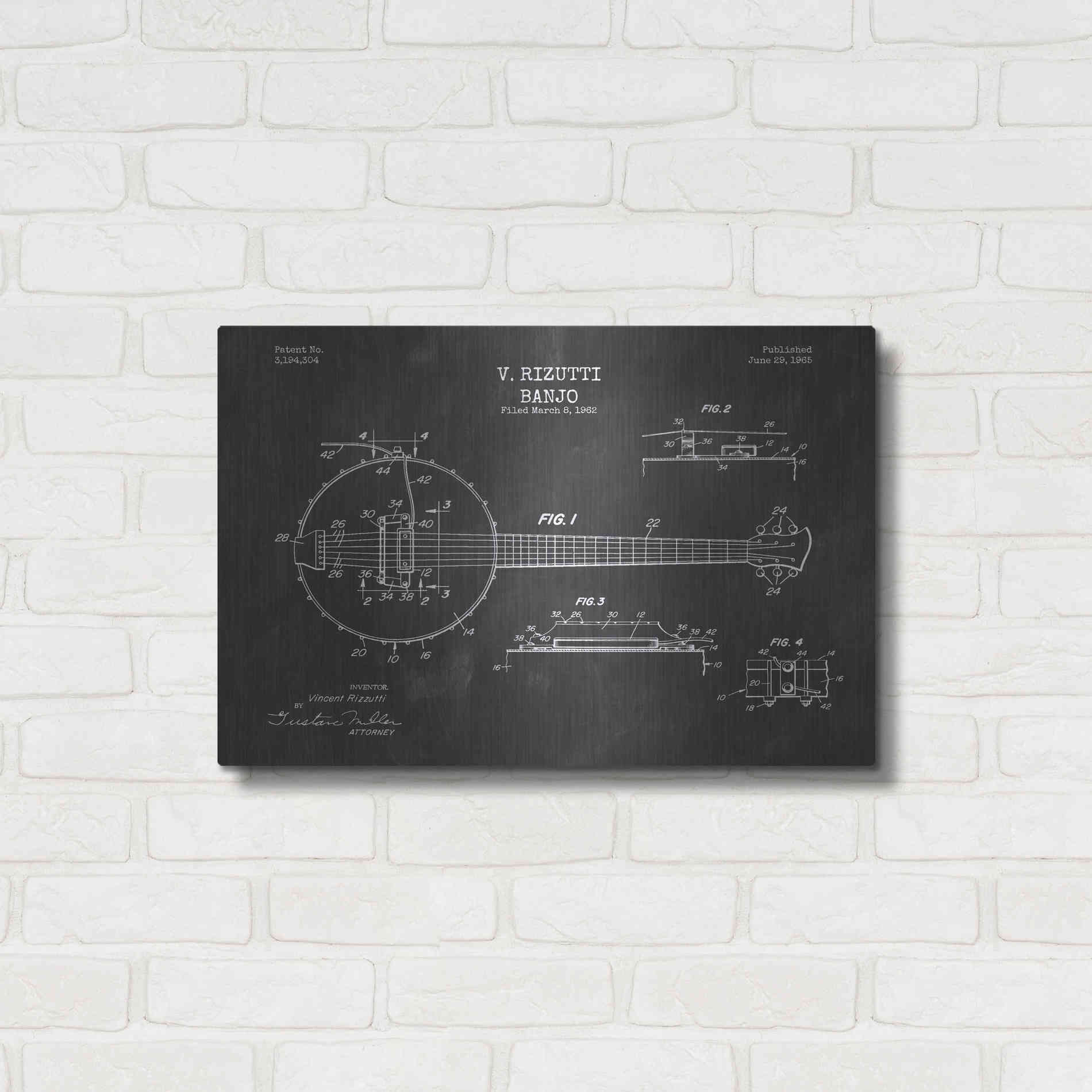 Luxe Metal Art 'Banjo Blueprint Patent Chalkboard' Metal Wall Art,24x16