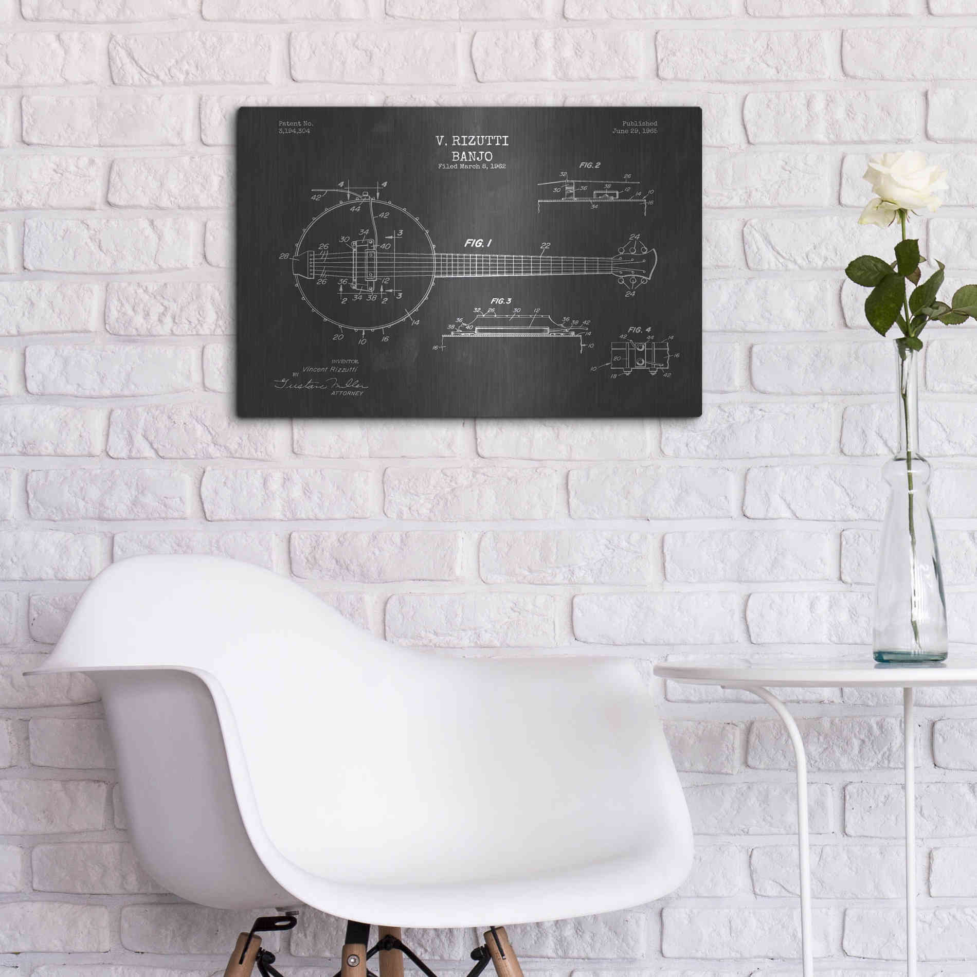 Luxe Metal Art 'Banjo Blueprint Patent Chalkboard' Metal Wall Art,24x16