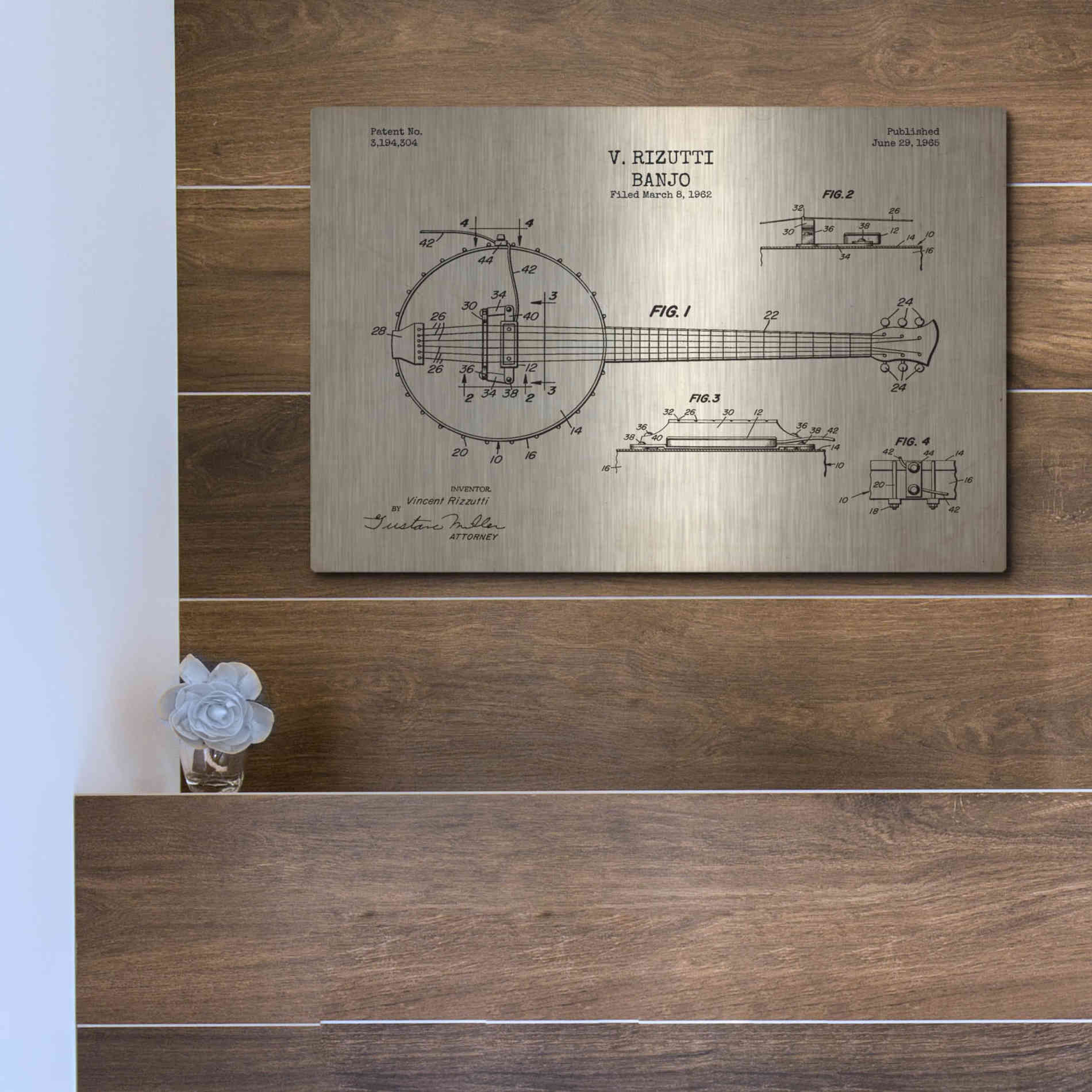 Luxe Metal Art 'Banjo Blueprint Patent Parchment' Metal Wall Art,16x12
