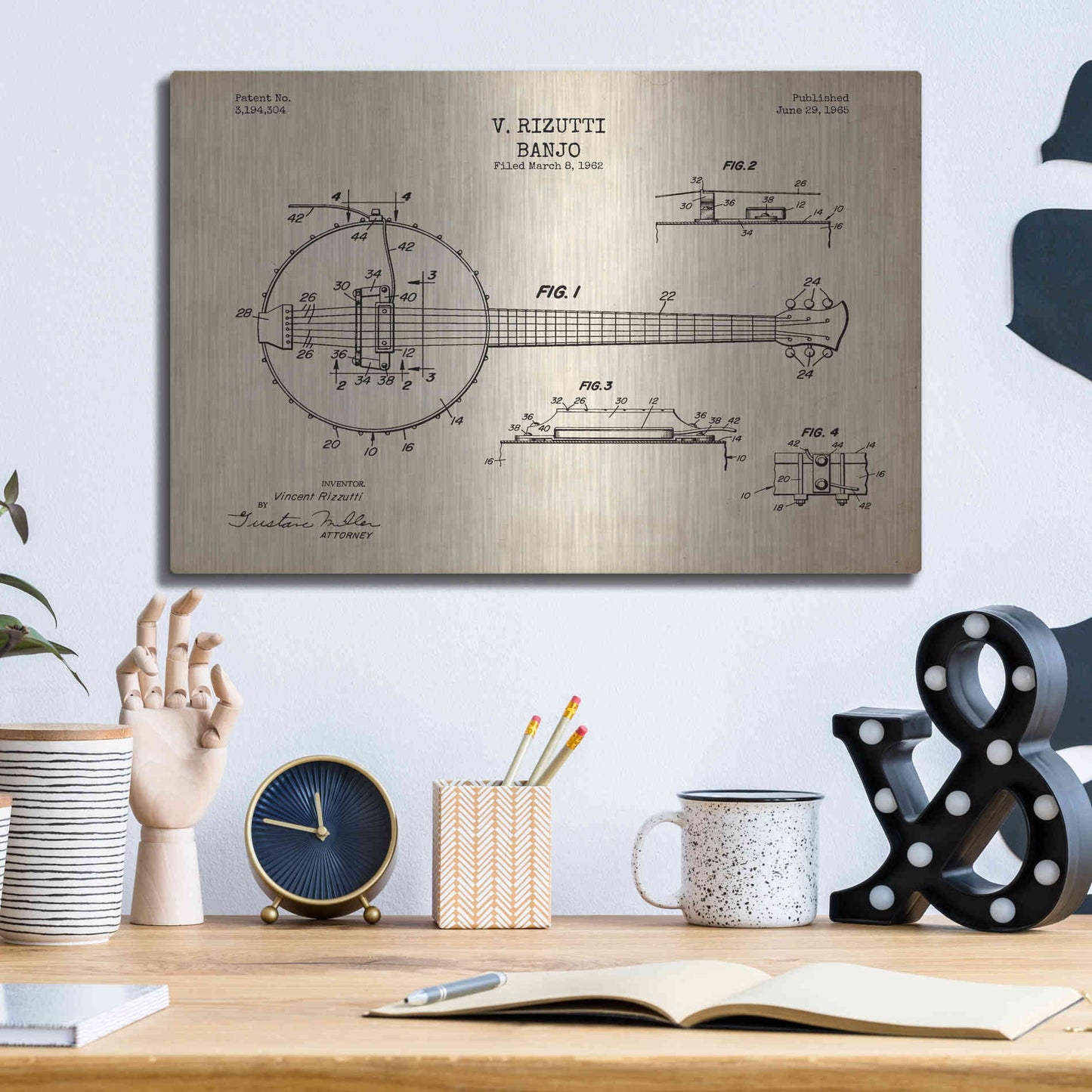 Luxe Metal Art 'Banjo Blueprint Patent Parchment' Metal Wall Art,16x12