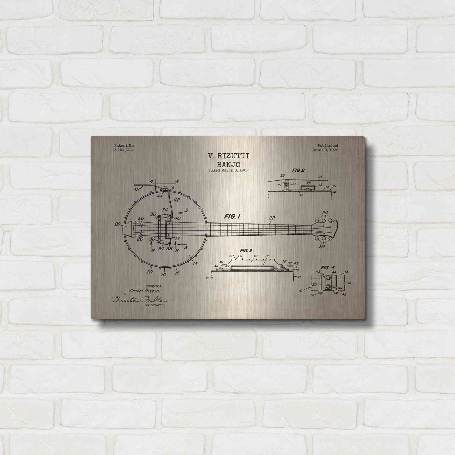 Luxe Metal Art 'Banjo Blueprint Patent Parchment' Metal Wall Art,24x16