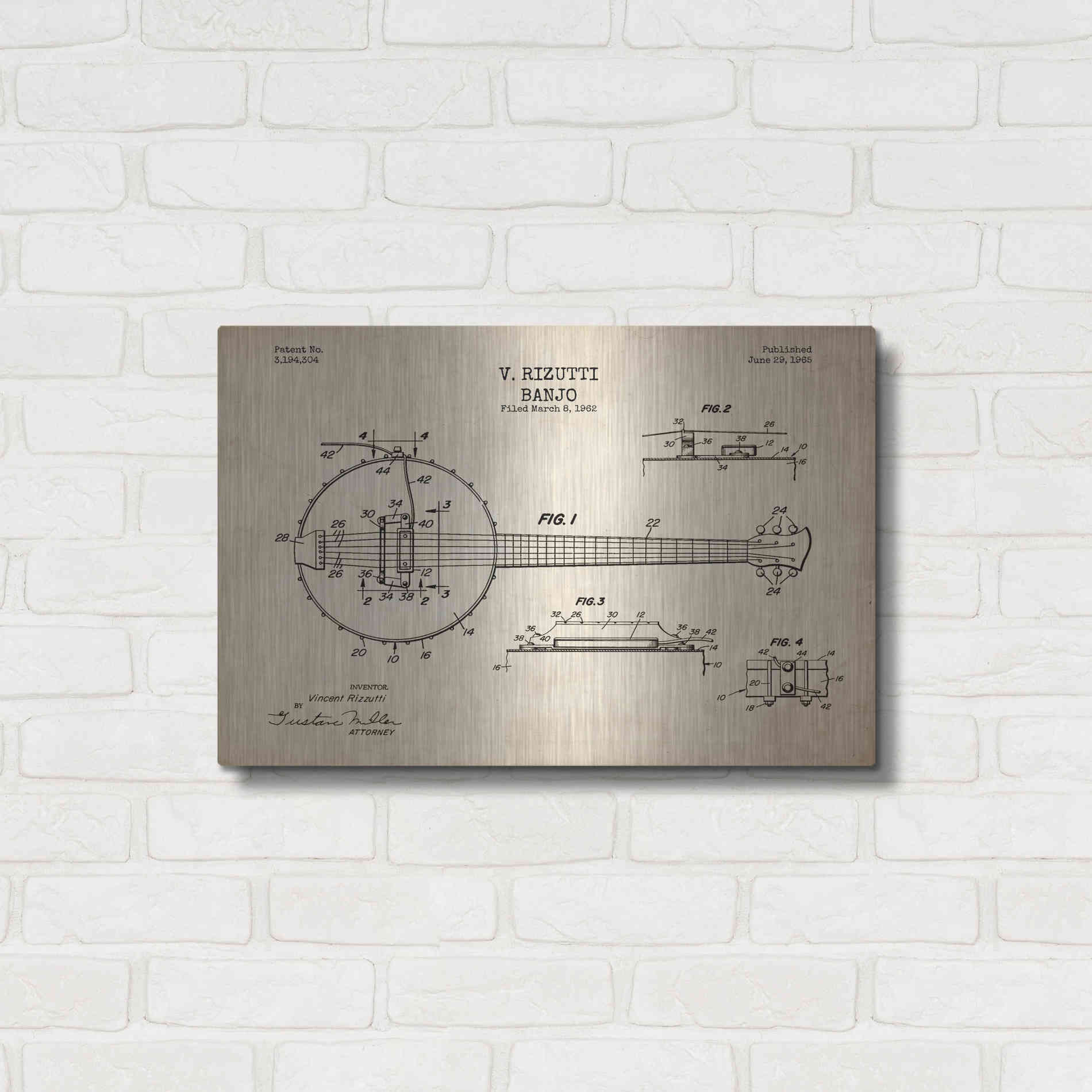 Luxe Metal Art 'Banjo Blueprint Patent Parchment' Metal Wall Art,24x16