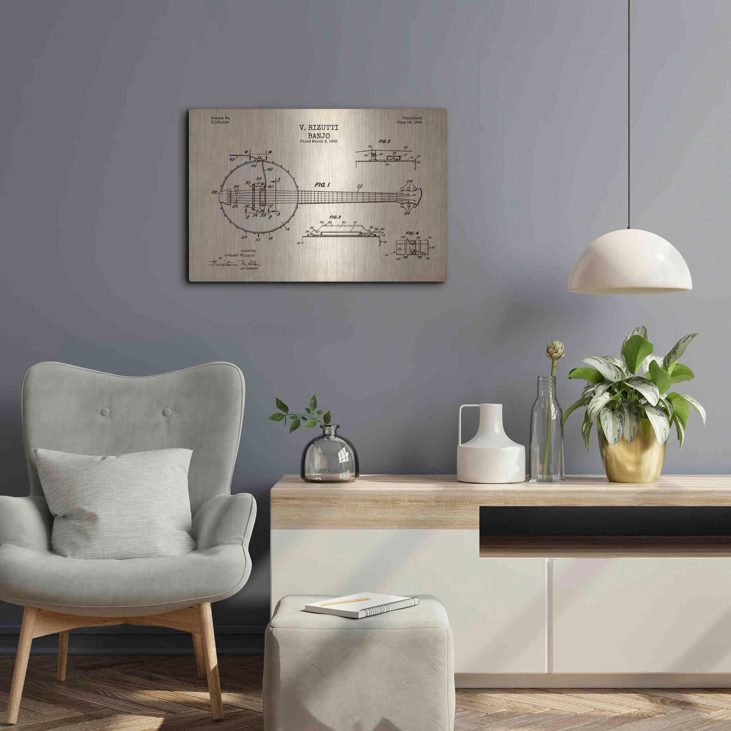 Luxe Metal Art 'Banjo Blueprint Patent Parchment' Metal Wall Art,24x16