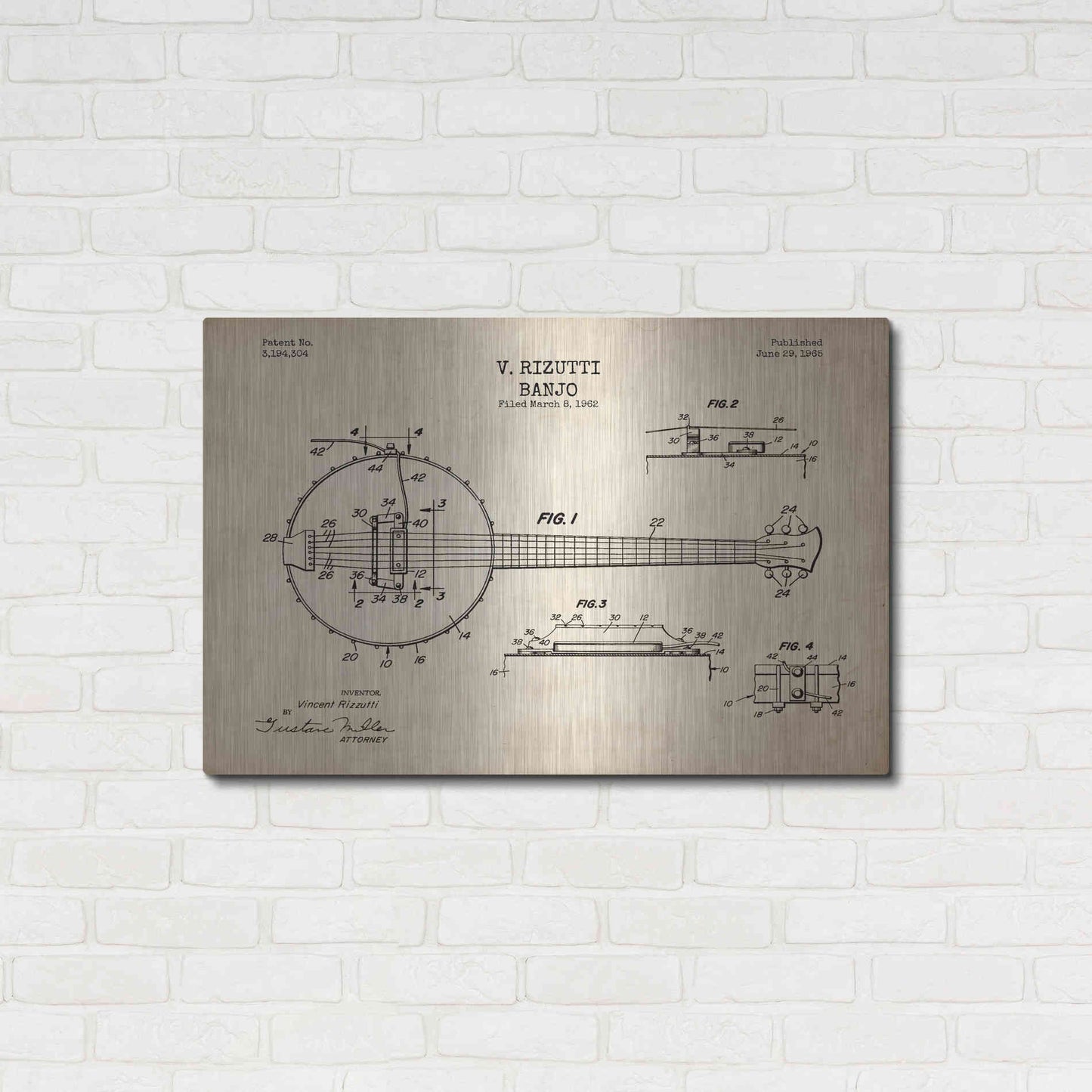 Luxe Metal Art 'Banjo Blueprint Patent Parchment' Metal Wall Art,36x24