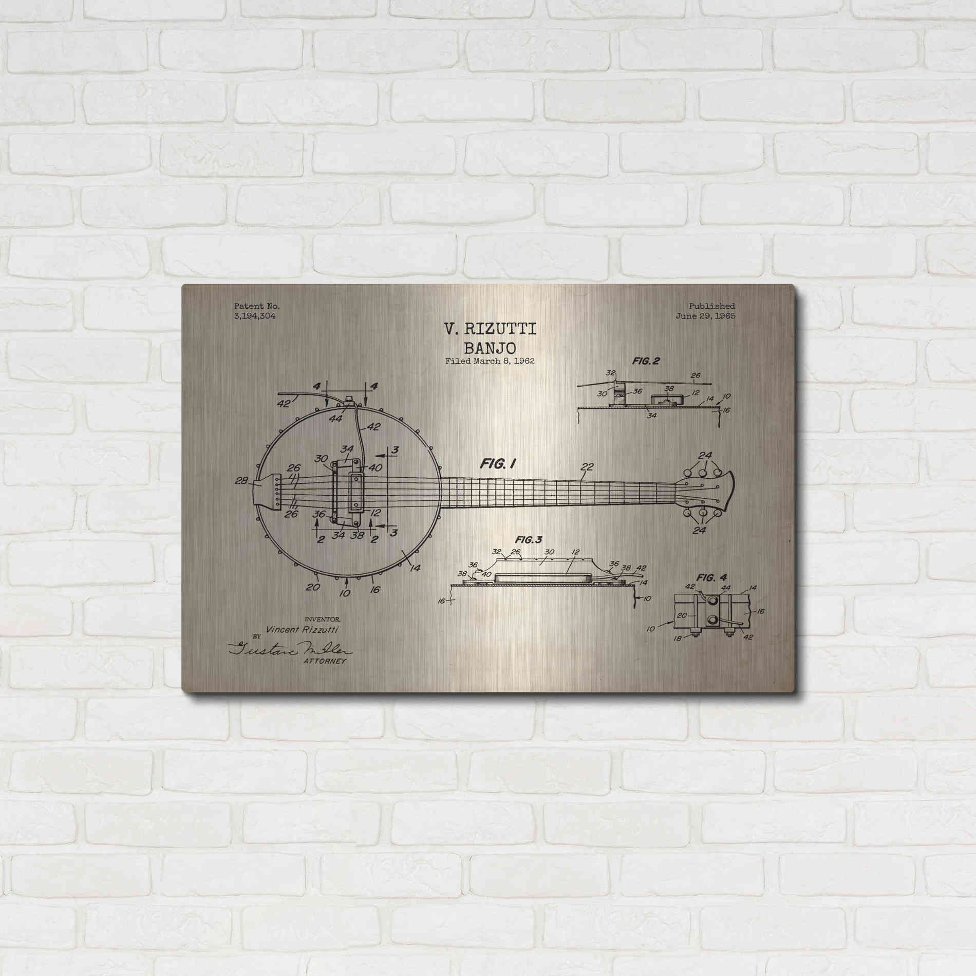 Luxe Metal Art 'Banjo Blueprint Patent Parchment' Metal Wall Art,36x24