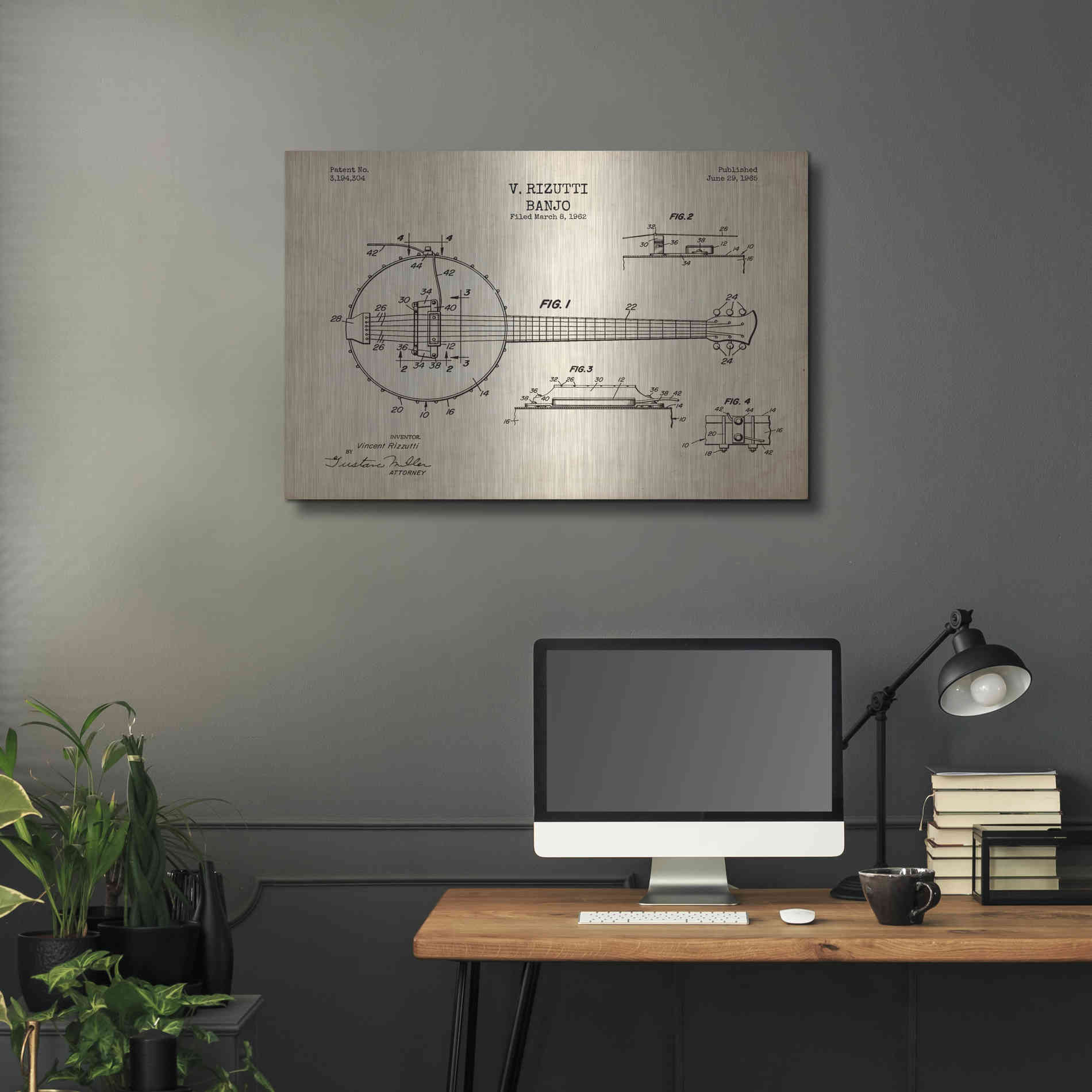 Luxe Metal Art 'Banjo Blueprint Patent Parchment' Metal Wall Art,36x24