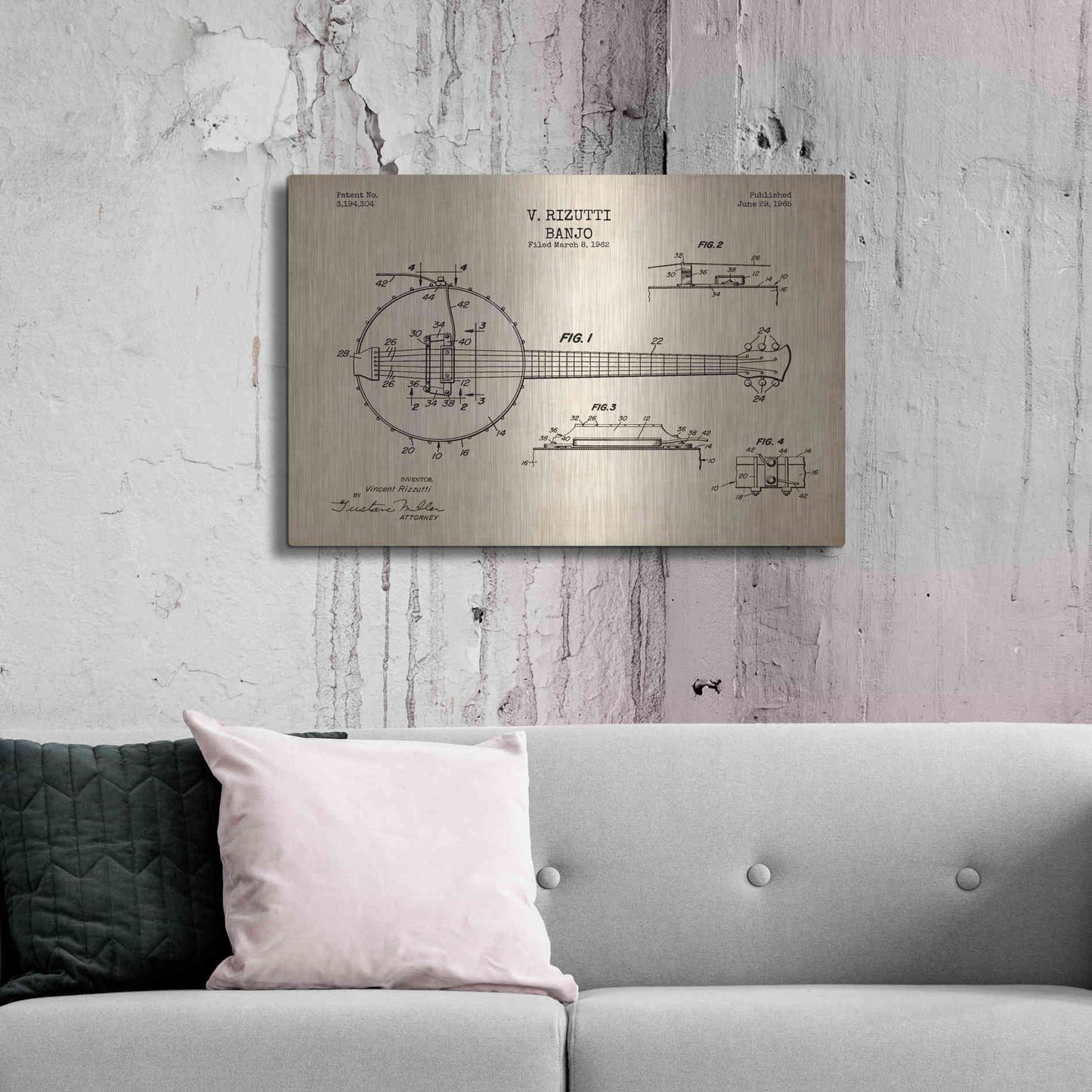 Luxe Metal Art 'Banjo Blueprint Patent Parchment' Metal Wall Art,36x24