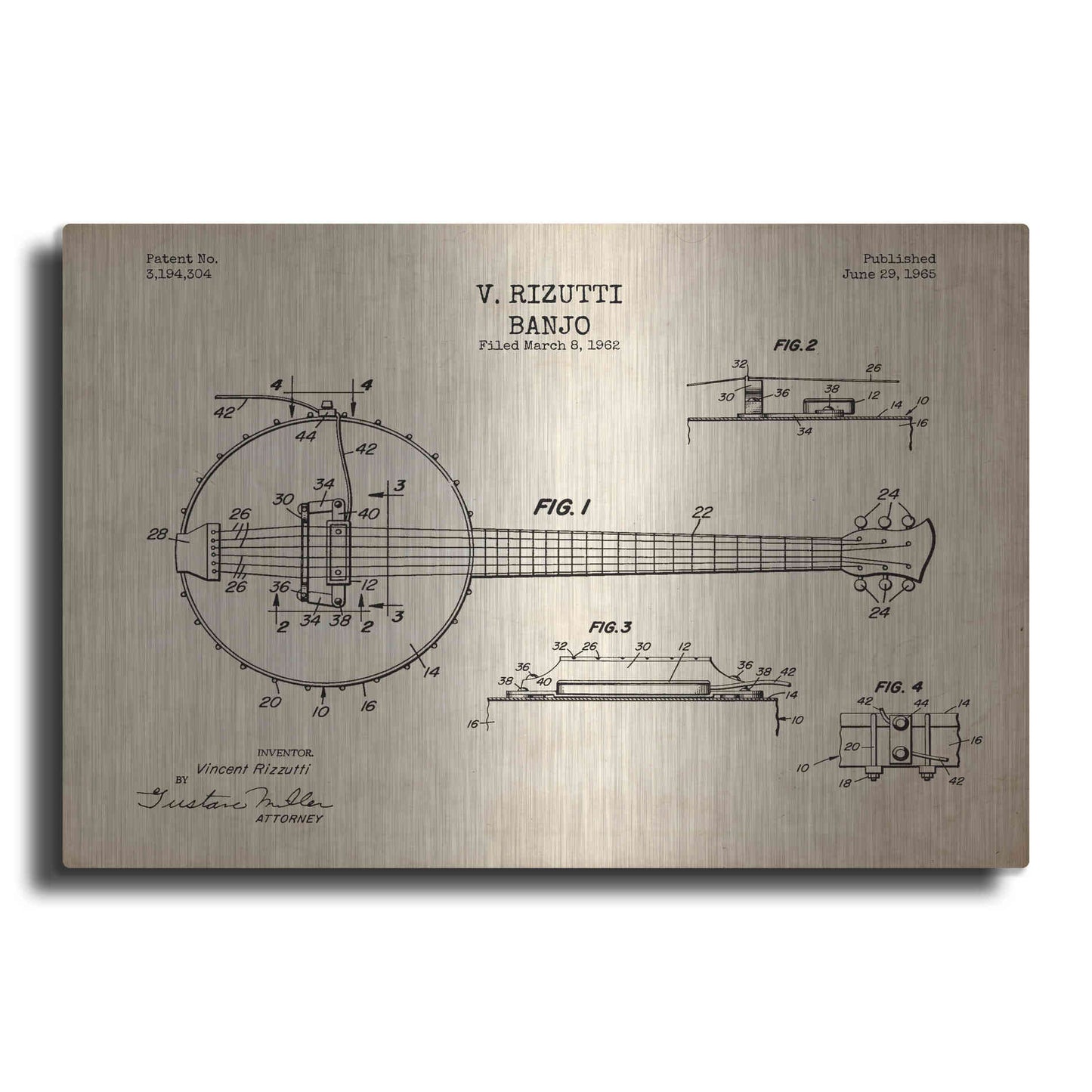 Luxe Metal Art 'Banjo Blueprint Patent Parchment' Metal Wall Art