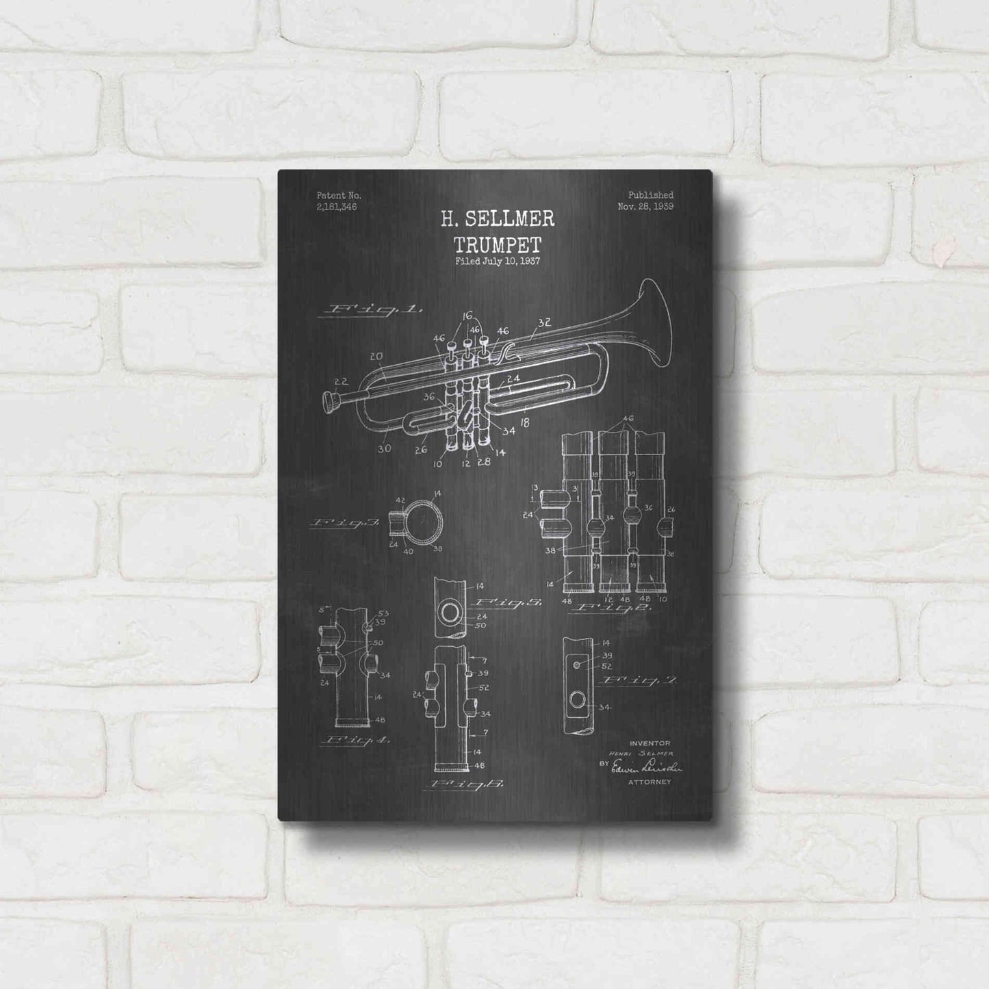 Luxe Metal Art 'Trumpet Blueprint Patent Chalkboard' Metal Wall Art,12x16