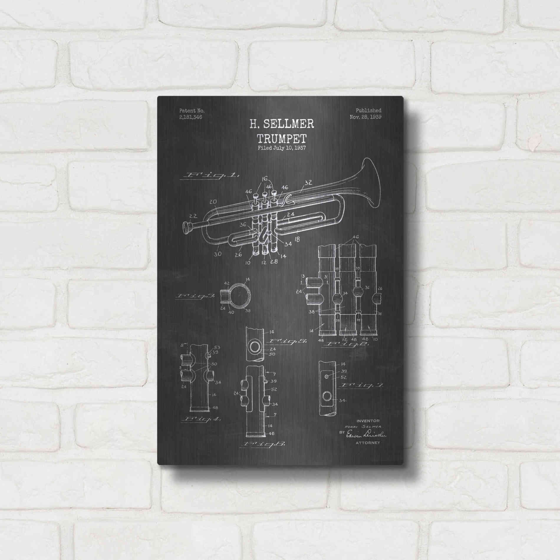Luxe Metal Art 'Trumpet Blueprint Patent Chalkboard' Metal Wall Art,12x16