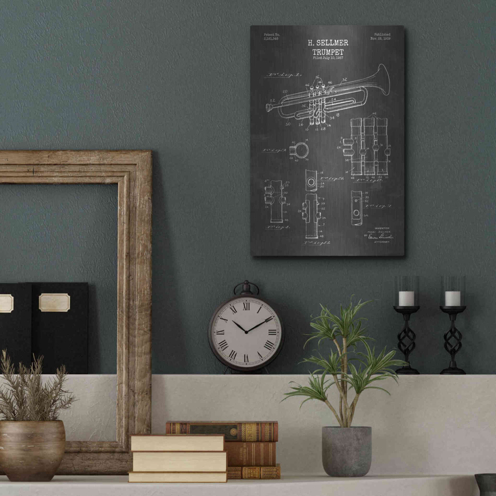 Luxe Metal Art 'Trumpet Blueprint Patent Chalkboard' Metal Wall Art,12x16