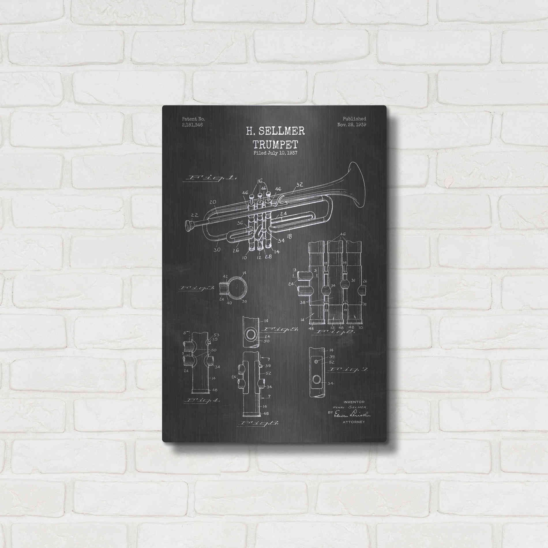 Luxe Metal Art 'Trumpet Blueprint Patent Chalkboard' Metal Wall Art,16x24
