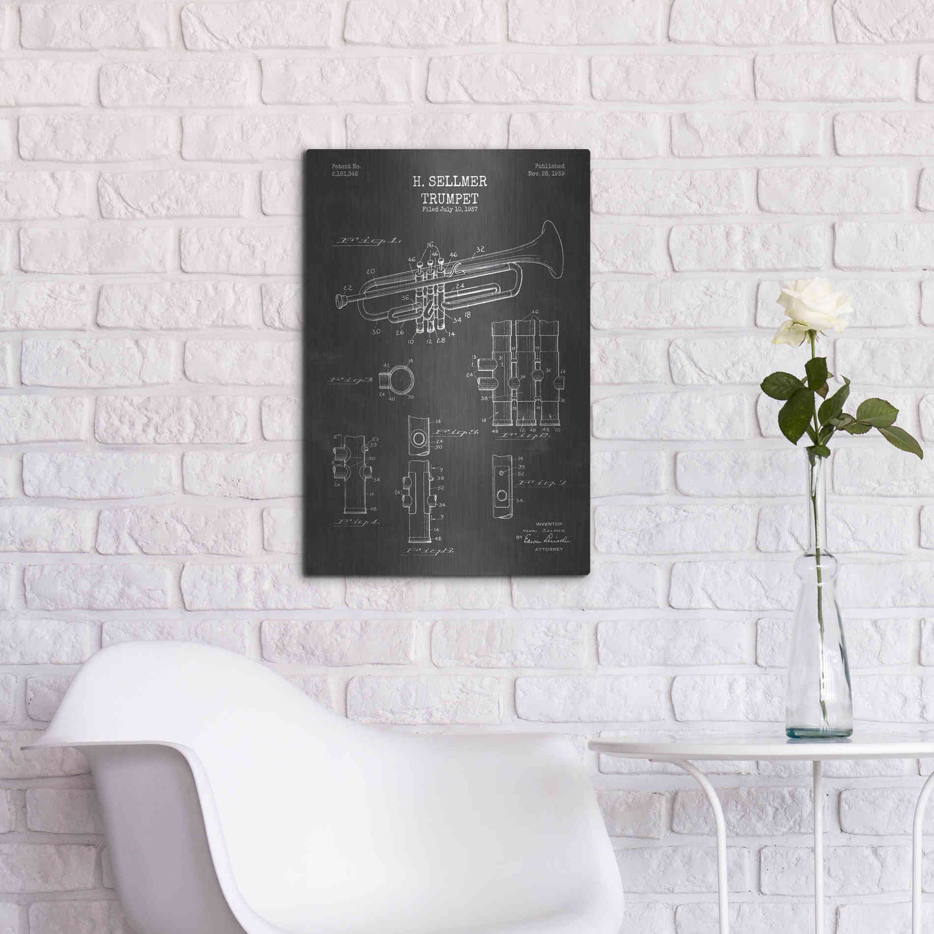 Luxe Metal Art 'Trumpet Blueprint Patent Chalkboard' Metal Wall Art,16x24