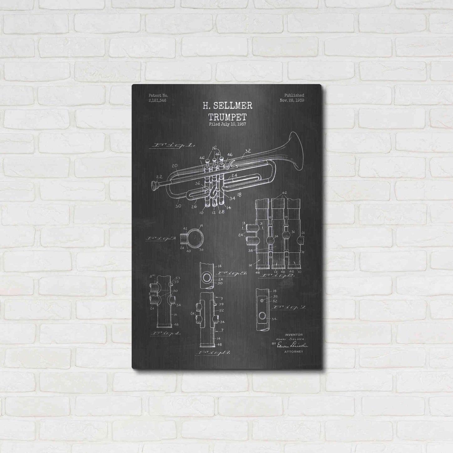 Luxe Metal Art 'Trumpet Blueprint Patent Chalkboard' Metal Wall Art,24x36